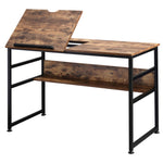 Table à dessin inclinable bureau informatique design industriel - plateau relevable, étagère - panneaux particules aspect vieux bois métal noir