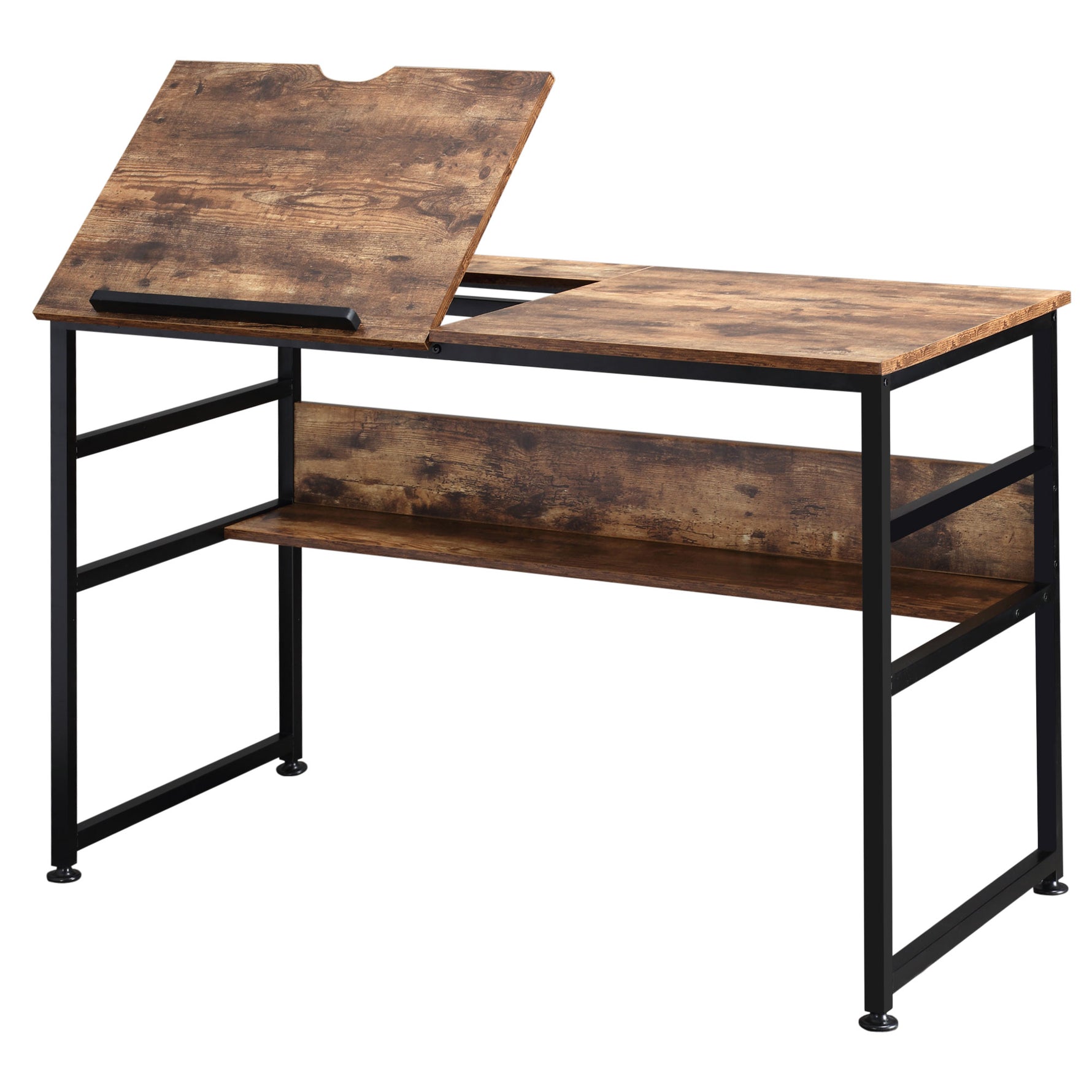 Table à dessin inclinable bureau informatique design industriel - plateau relevable, étagère - panneaux particules aspect vieux bois métal noir