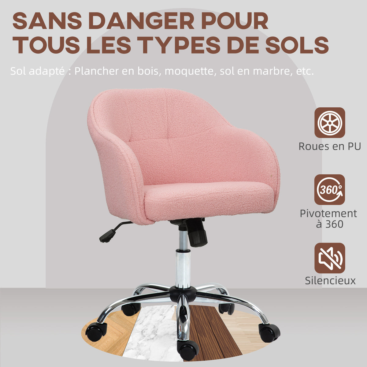 Chaise de bureau, fauteuil de bureau ergonomique, hauteur réglable, assise et dossier rembourrés, rose