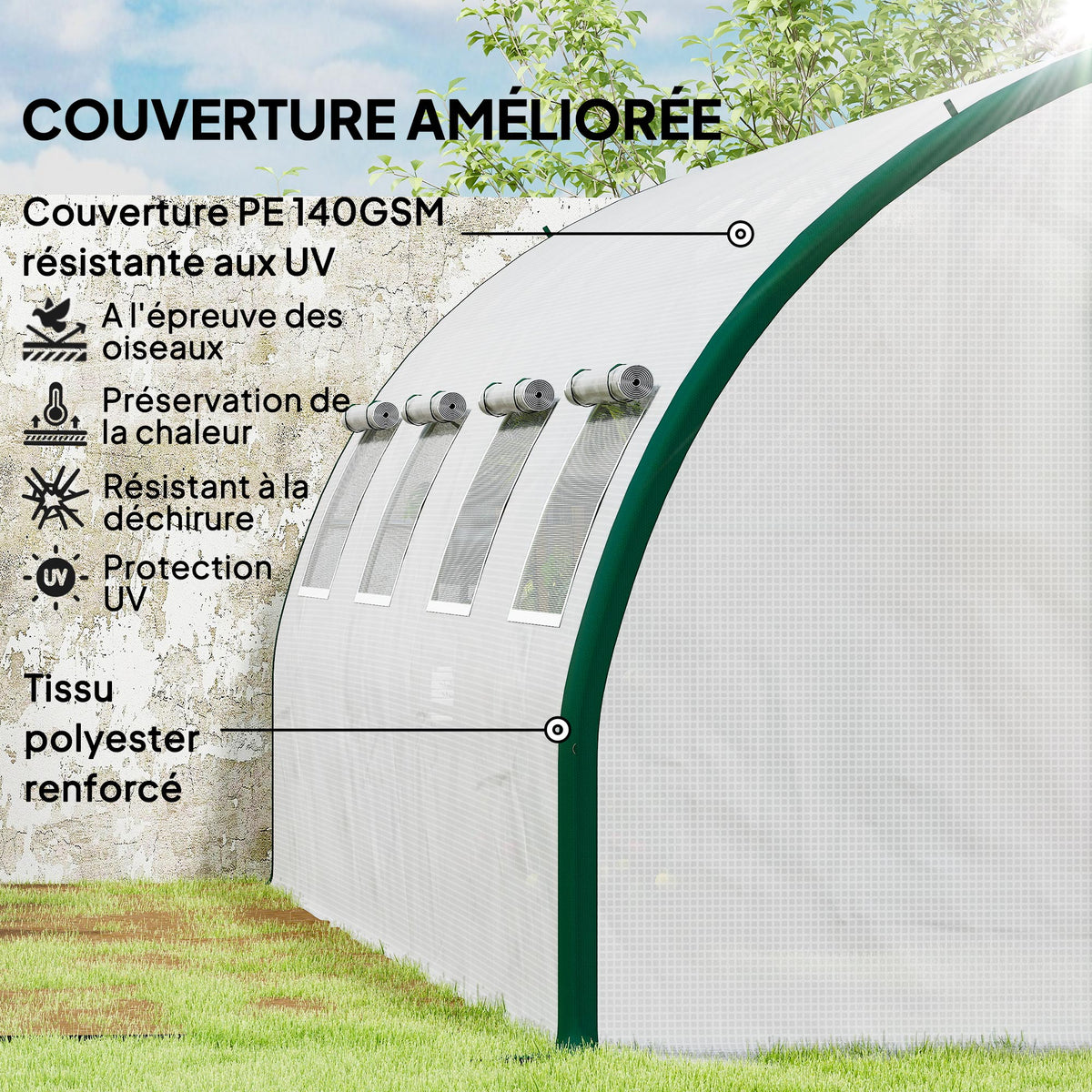 Serra a tunnel da giardino 18m², serra a tunnel con porte e 8 finestre, telo in PE 140g/m² 600 x 300 x 200 cm bianco