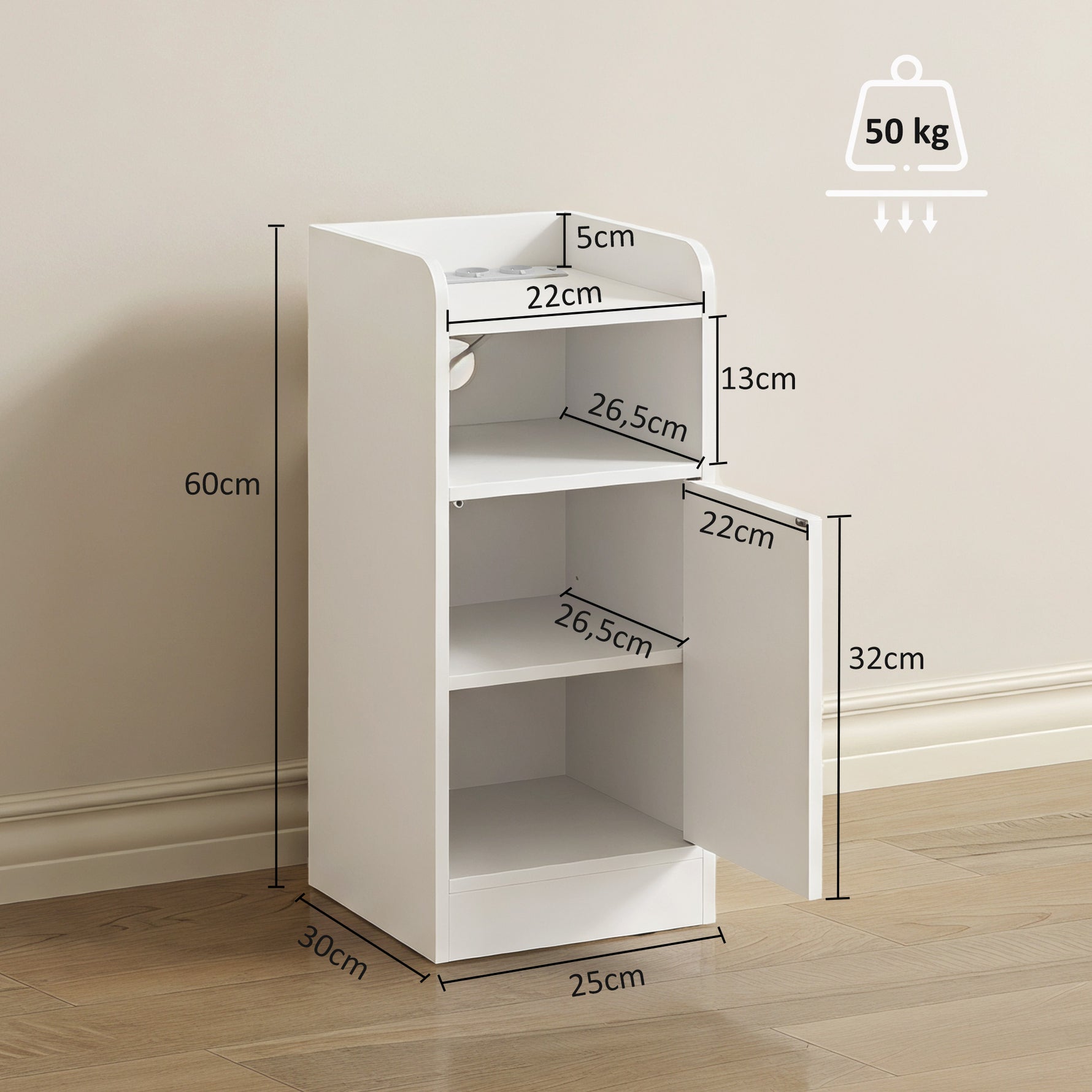 Lot de 2 tables de chevet avec station de charge, tables de nuit avec compartiment ouvert, étagère réglable, blanc