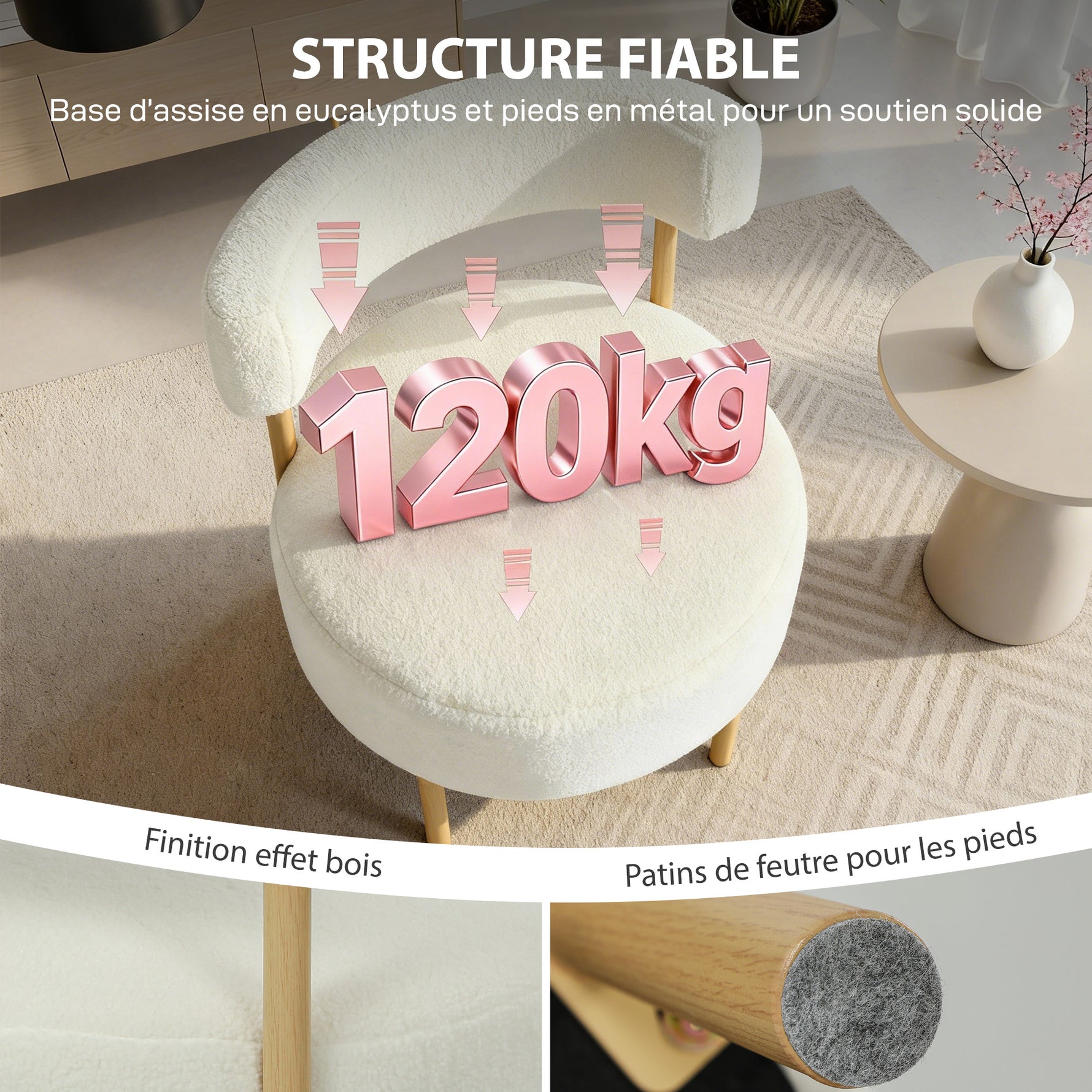 Canapé 1 place en tissu bouclette, fauteuil de salon rembourré avec dossier incurvé, assise large, 67x67x71cm, crème