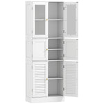 Meuble de salle de bain haut, meuble de rangement avec 6 portes dont 2 vitrées et 2 persiennes, étagère réglable, blanc
