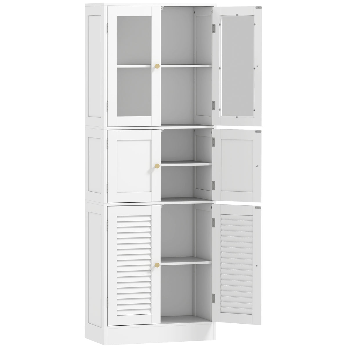Meuble de salle de bain haut, meuble de rangement avec 6 portes dont 2 vitrées et 2 persiennes, étagère réglable, blanc