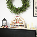 Verlicht kerstdorp met 20 leds, geanimeerd boogvormig kerstdorp, werkt op batterijen, 45 x 10 x 35 cm, naturel hout