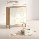 Buffet, meuble de rangement cannelé avec plateau effet chêne, 2 tiroirs, 2 portes, étagère réglable, 77x30x80cm, crème