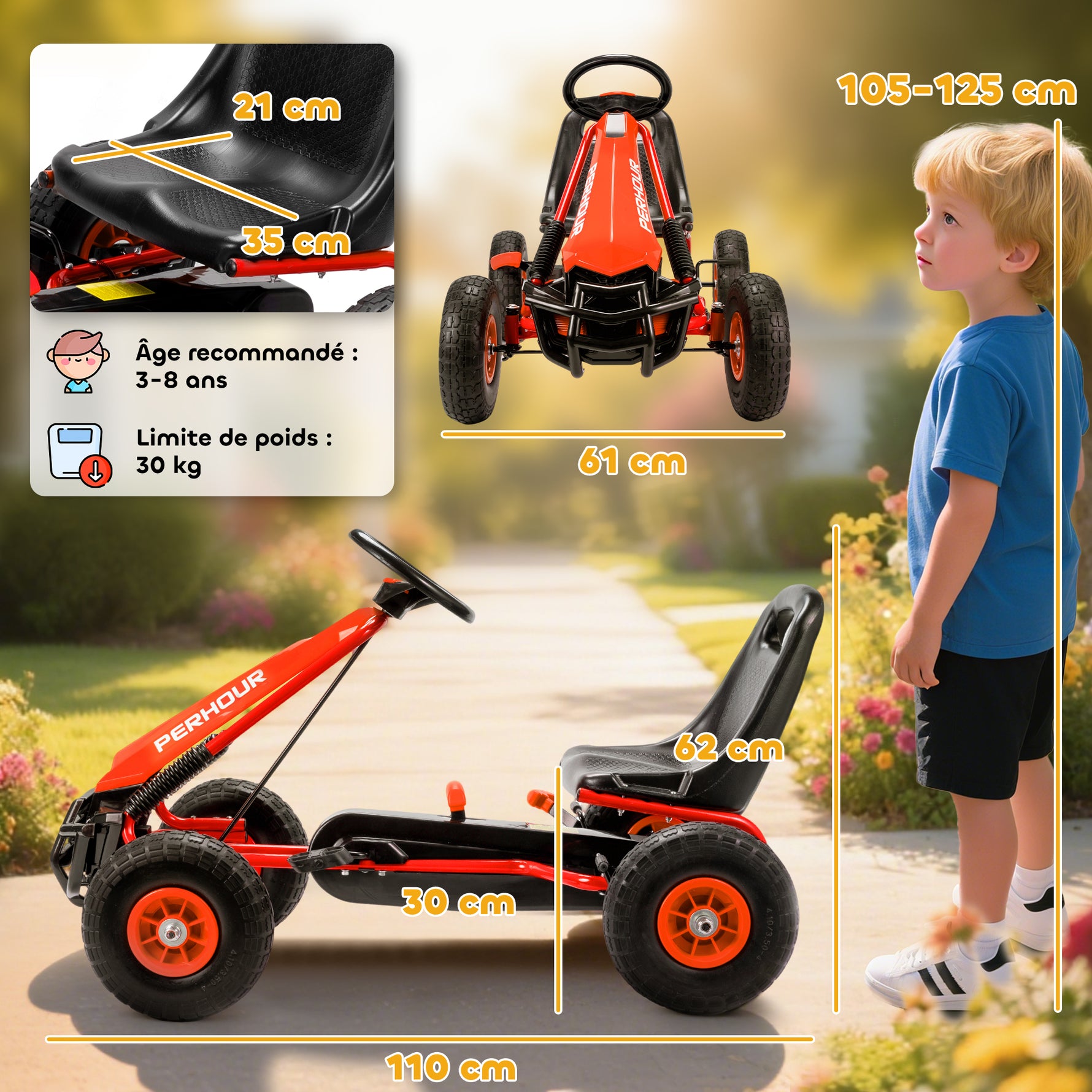 Kart à pédales Go-Kart pour enfants siège réglable pneus EVA embrayage manuel et frein 110 x 61 x 62 cm rouge