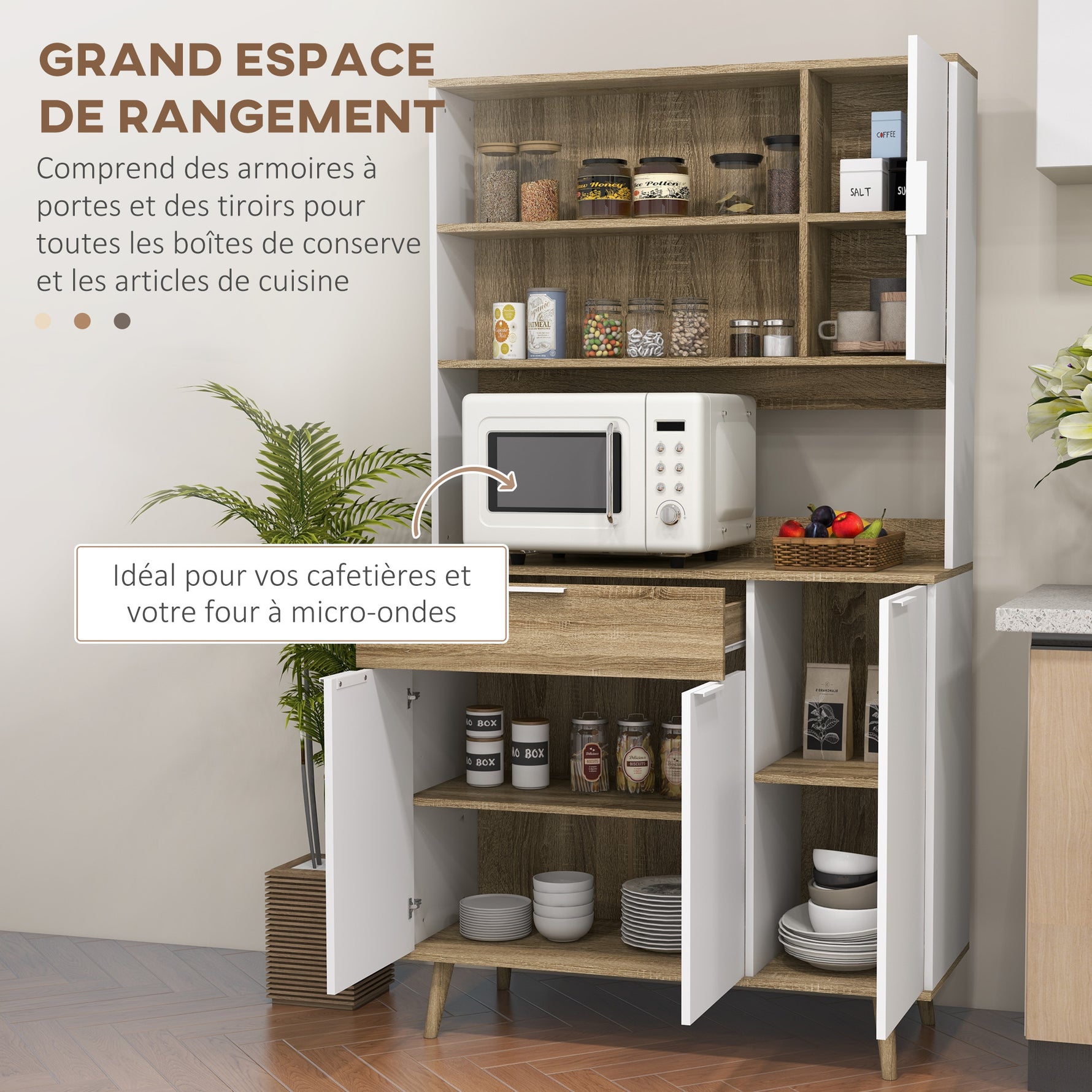 Armoire de cuisine meuble de rangement 4 portes 1 tiroir design scandinave 98 x 39 x 180 cm blanc et naturel