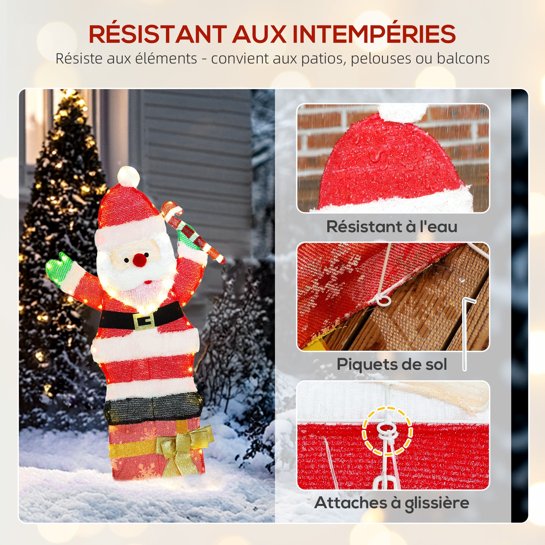 Père Noël lumineux de 90 cm avec 97 LED blanc chaud, décoration de Noël pour intérieur et extérieur