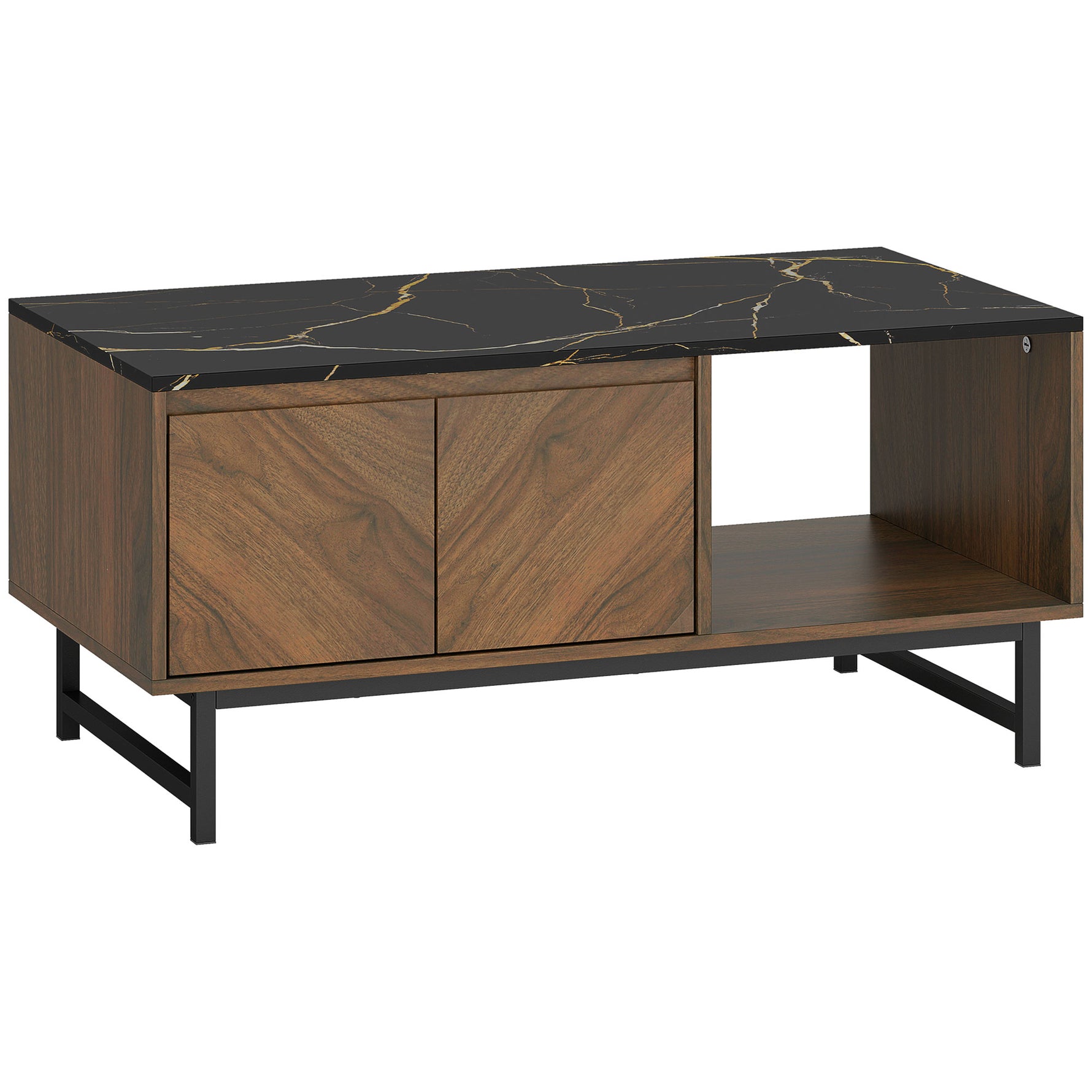 Table basse, table de salon, plateau effet marbre, 2 portes et 2 niches ouvertes, 100 x 50,8 x 45,7 cm, noyer