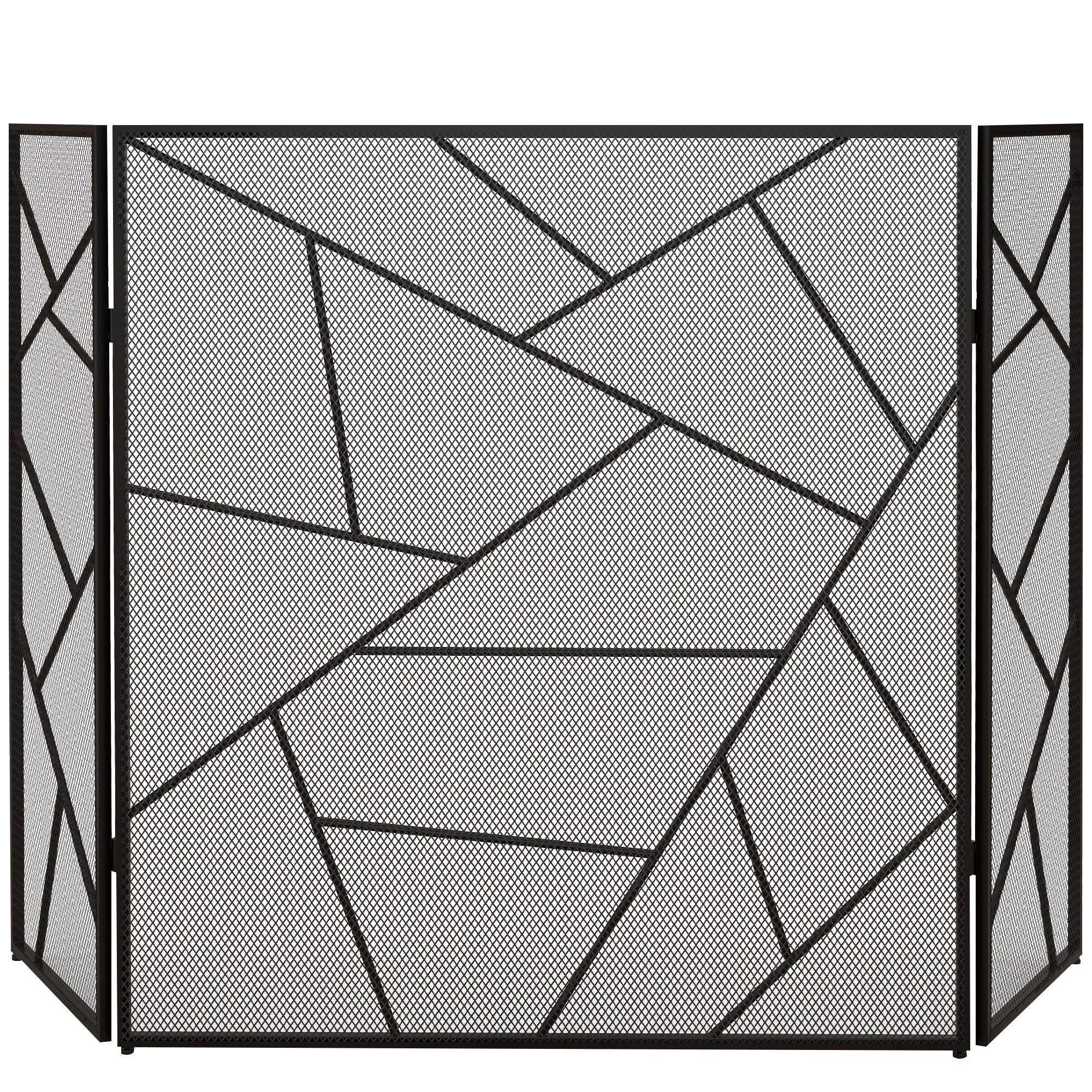 Pare feu cheminée pliable 3 panneaux en acier avec décor géométrique et pieds antidérapants, 135l x 1,2P x 85H cm, noir-0