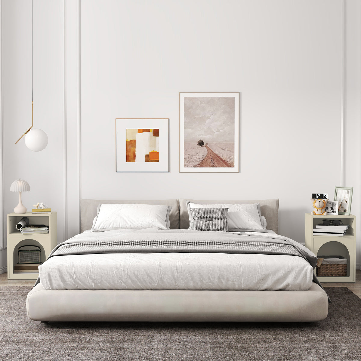 Lot de 2 tables de chevet, table de nuit avec compartiments ouverts, design arqué, 40 x 30 x 60 cm, crème