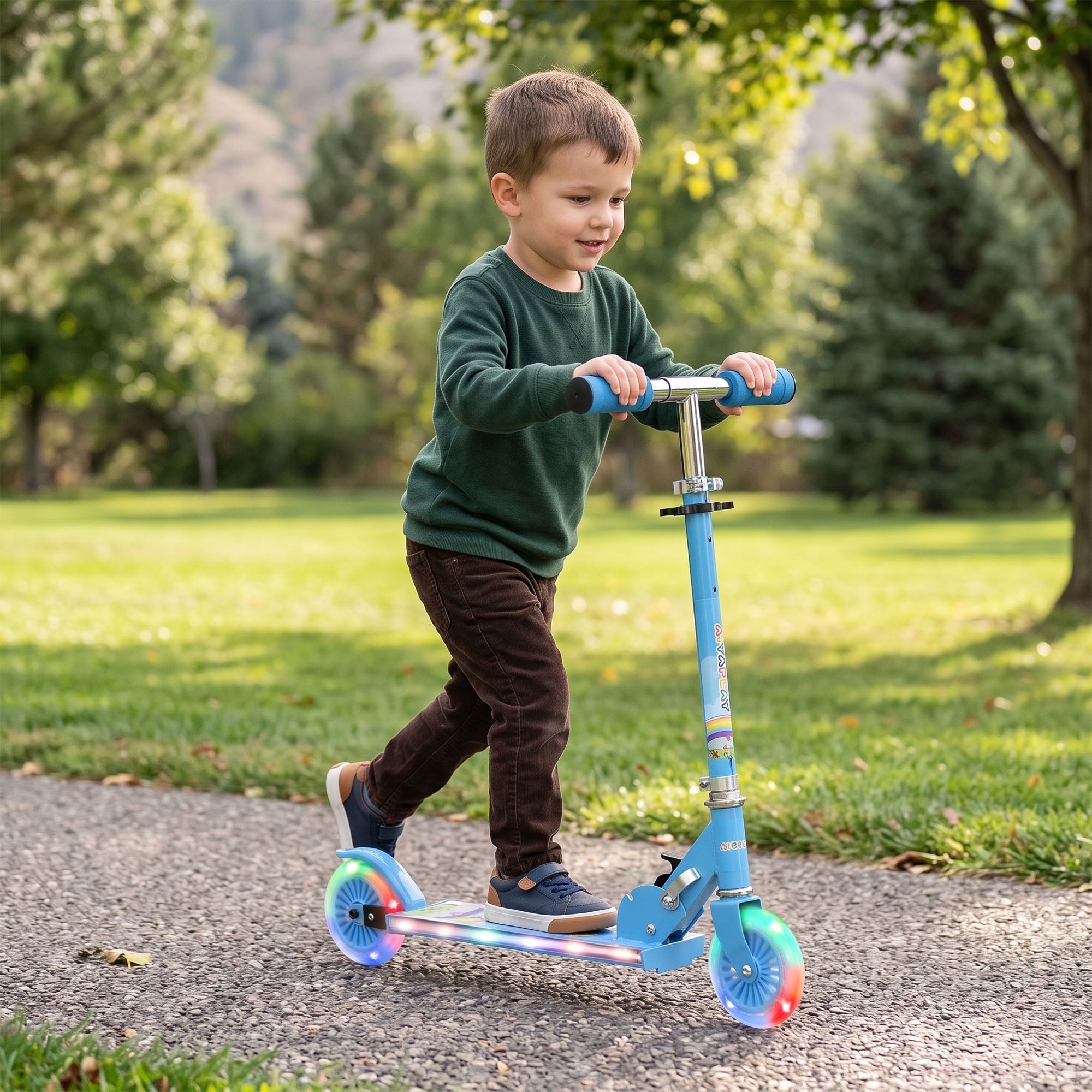 Foldable kick scooter for children aged 3 to 7, PU light-up wheels, music, 67 x 32 x 78 cm, blue