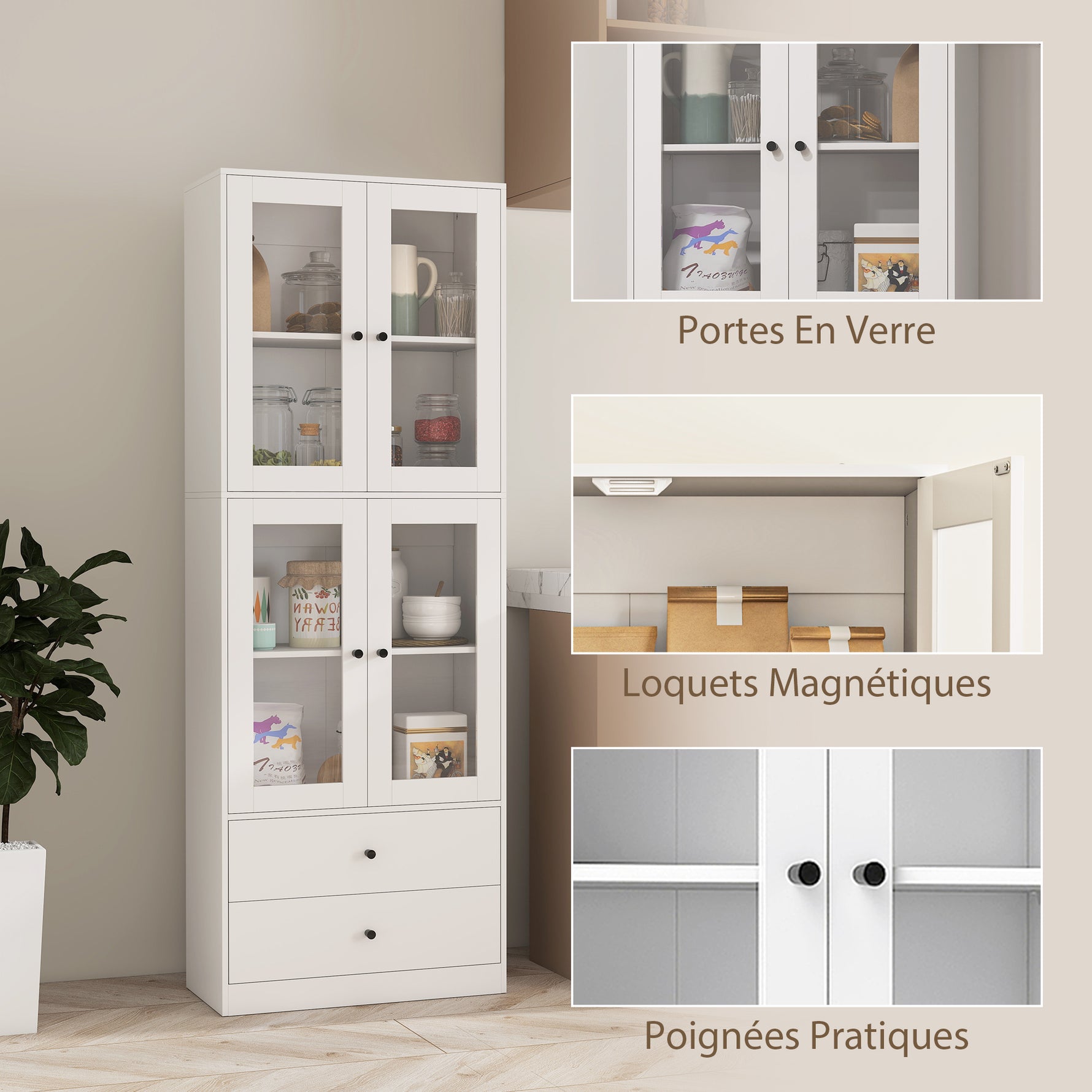 Buffet haut cuisine, armoire de cuisine avec portes vitrées, tiroirs et étagères réglables, 59x30x170cm, blanc brillant