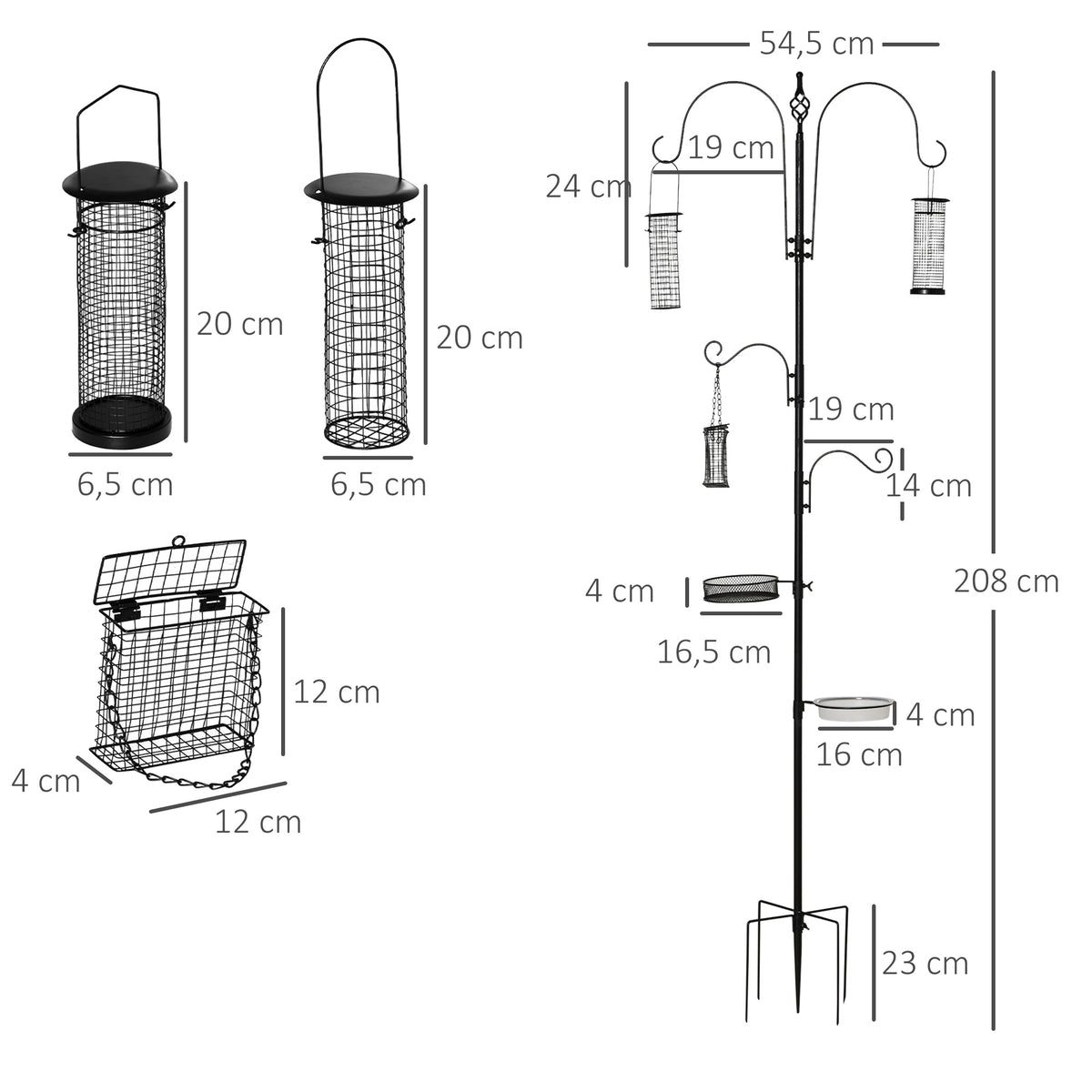 Station d'alimentation pour oiseaux en acier, mangeoir à oiseaux sur pied 208H cm avec 4 crochets, noir