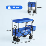 Chariot de Transport Pliable Tout Terrain 180 L, Poignée Télescopique Pousser-Tirer 2 en 1, Auvent Amovible, Bleu