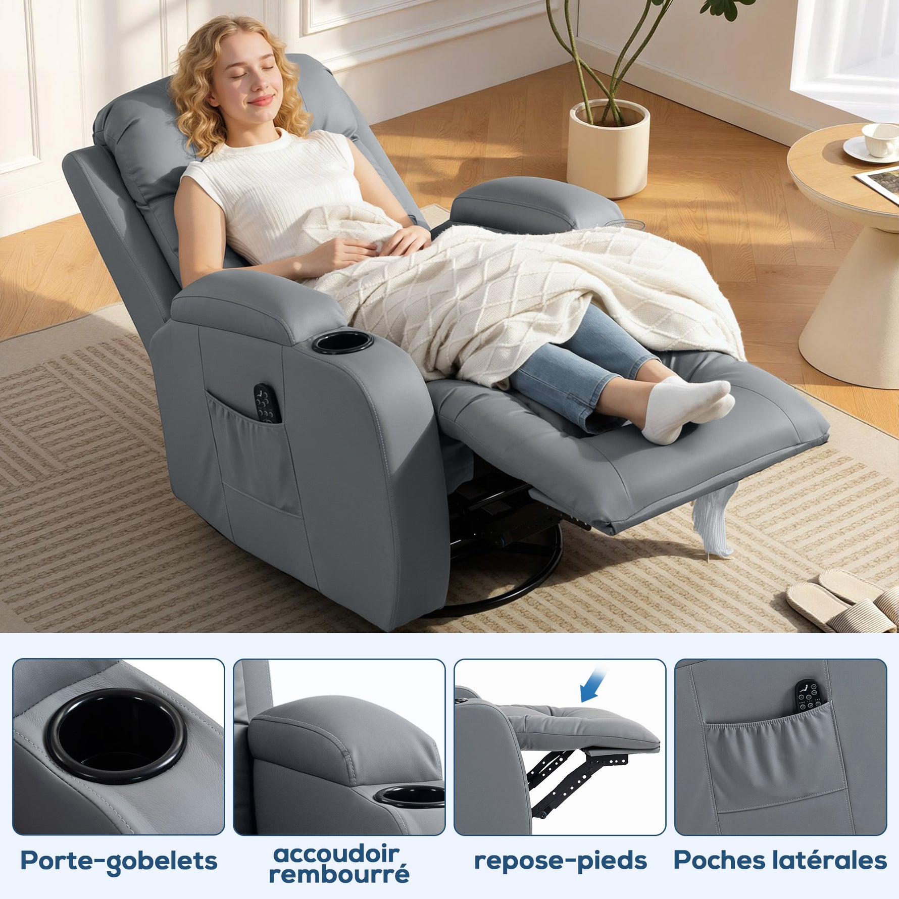 Fauteuil Inclinable de Massage et Chauffage, Fauteuil de Relaxation, Dossier Réglable, Pivotant, 82x99x103cm, Gris Clair