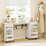 Tavolo da cucito pieghevole, mobile per cucito con rotelle, 2 ante magnetiche, 4 scomparti, 20 ganci, 160x40x81,5cm, bianco