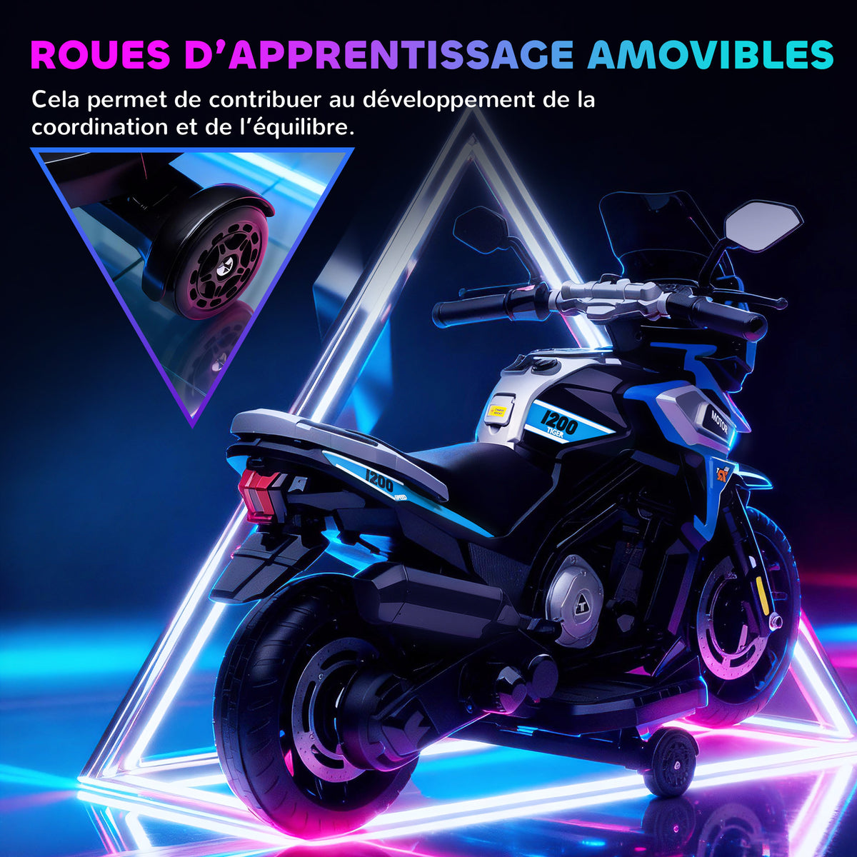 Moto électrique enfants 6 V, voiture électrique enfants avec roues d'entraînement, musique, effets lumineux, bleu