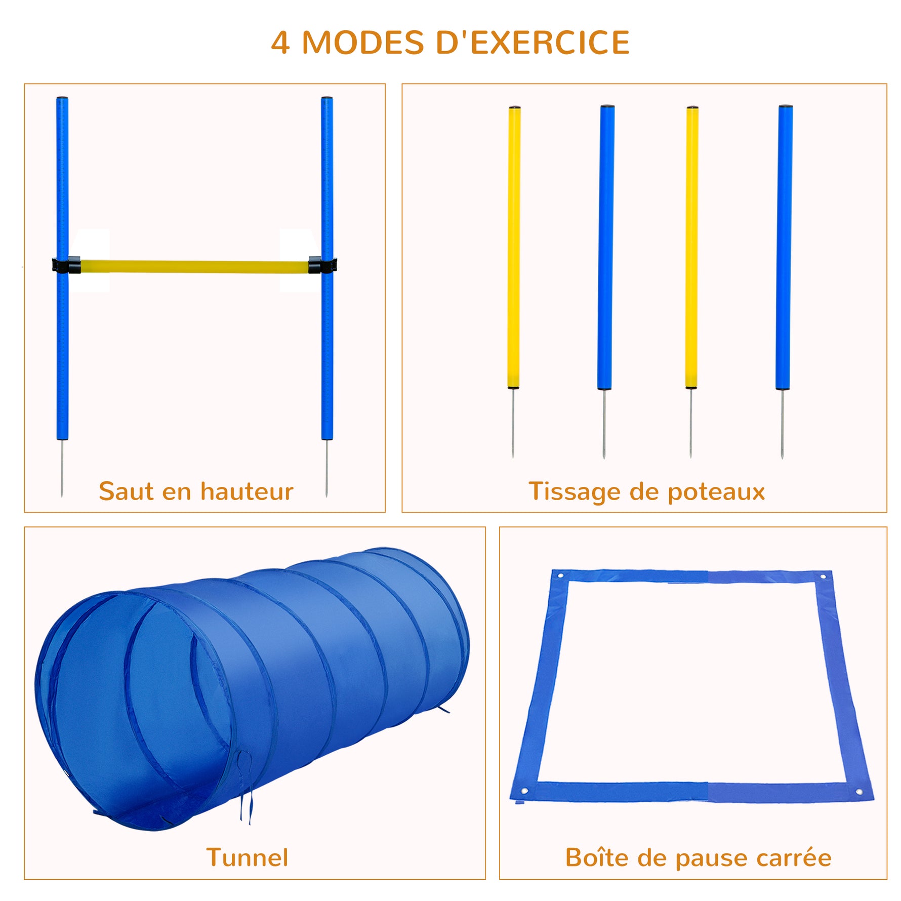 Agility sport pour chiens équipement complet obstacles, tunnel, slalom, zone repos + 2 sacs de transport bleu jaune