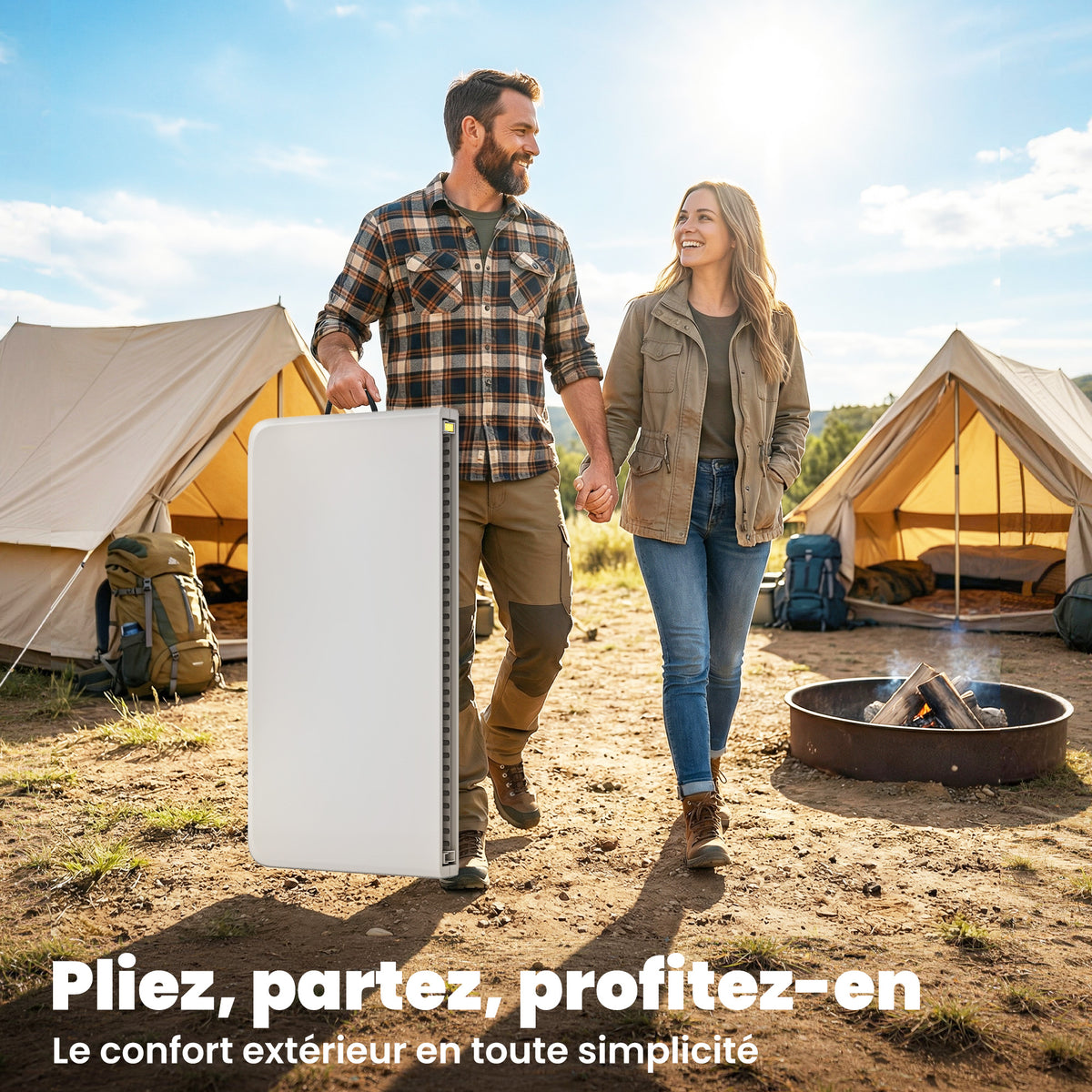 Mesa plegable de HDPE, mesa de camping plegable cuadrada 86 x 86 x 74 cm, con asa, altura ajustable, blanco