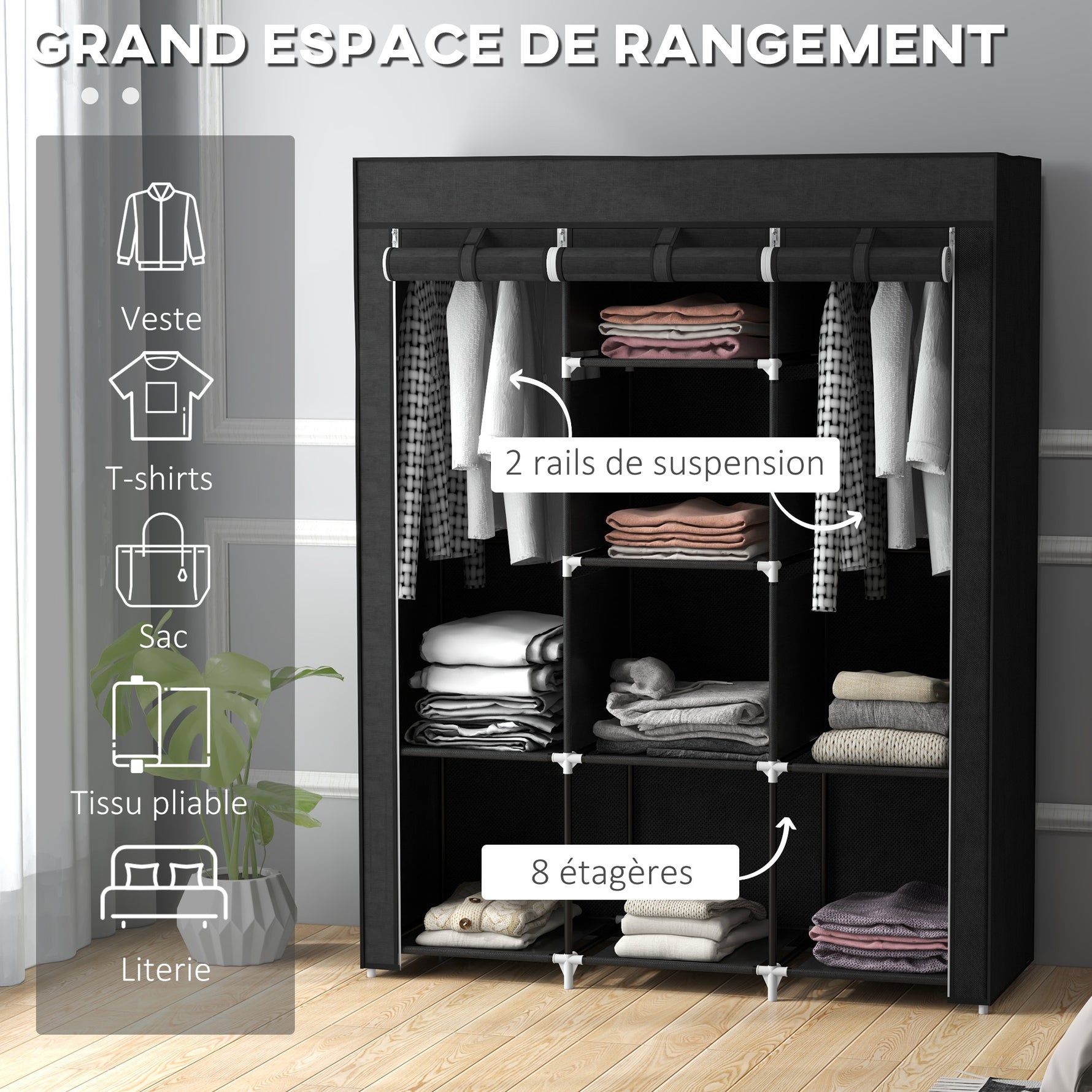 Armoire penderie multi-rangement - 8 étagères, 2 barres - non tissé noir