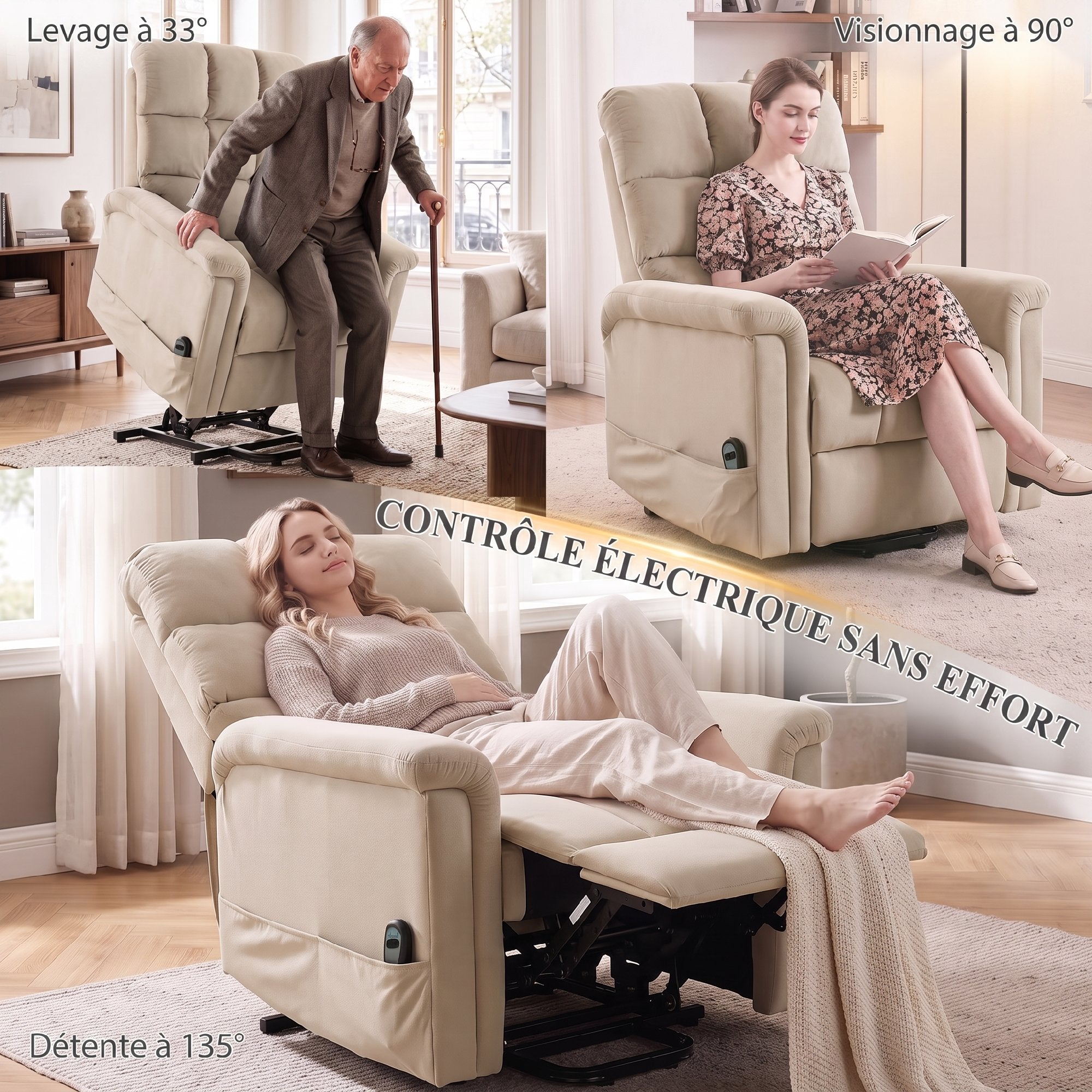 Fauteuil Releveur Électrique, Fauteuil Relax Électrique en Velours avec Dossier Inclinable, Télécommande, Marron
