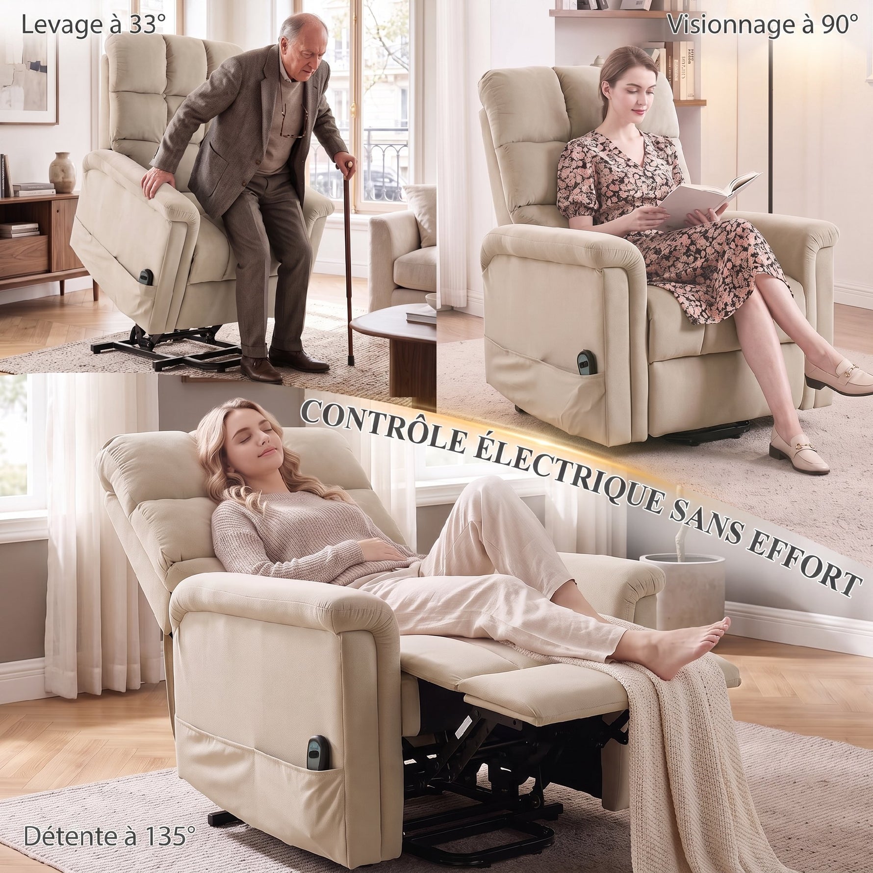 Fauteuil Releveur Électrique, Fauteuil Relax Électrique en Velours avec Dossier Inclinable, Télécommande, Marron