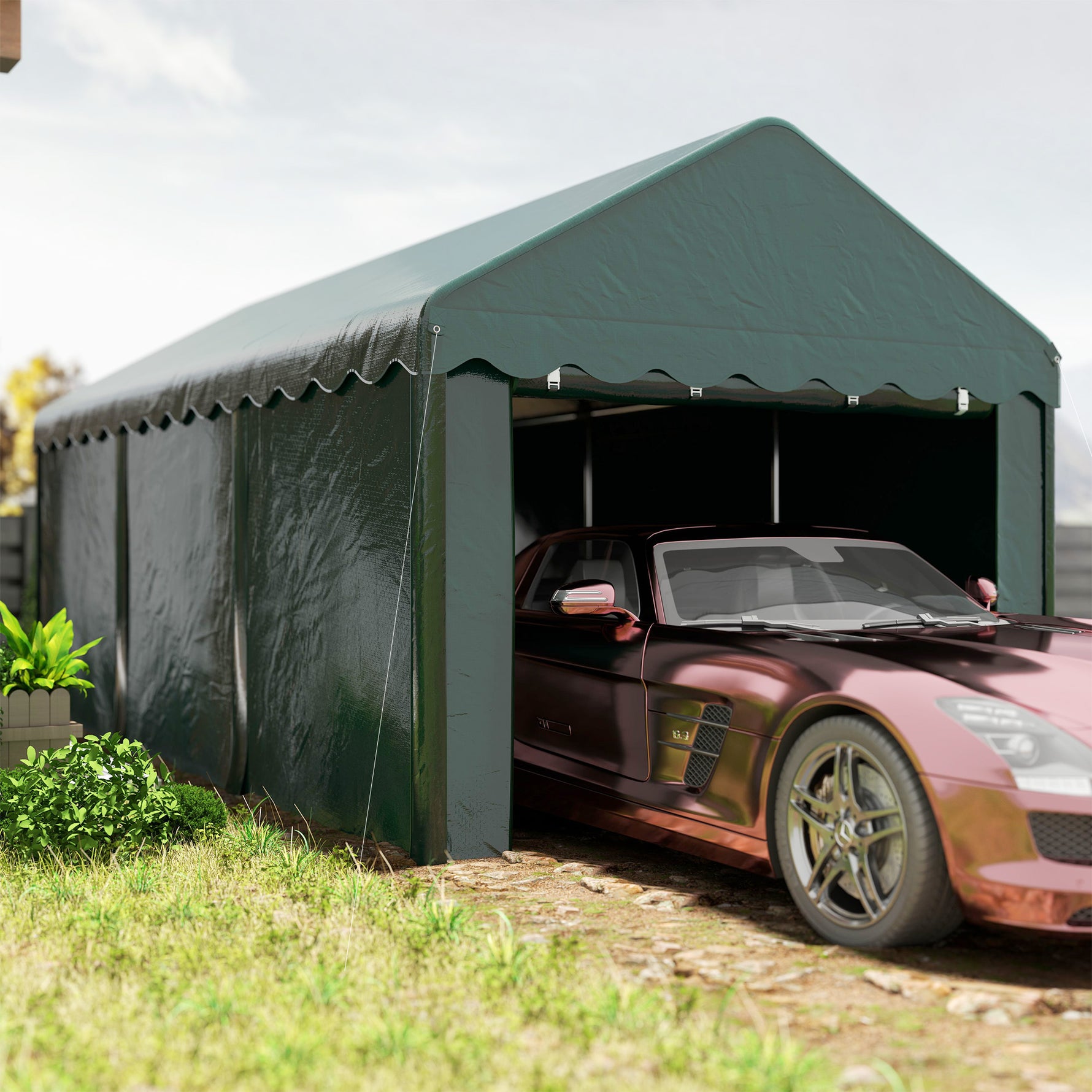 Tente garage carport 3 x 6m Auvent de voiture robuste avec 2 portes enroulables, toile 200g PE, vert