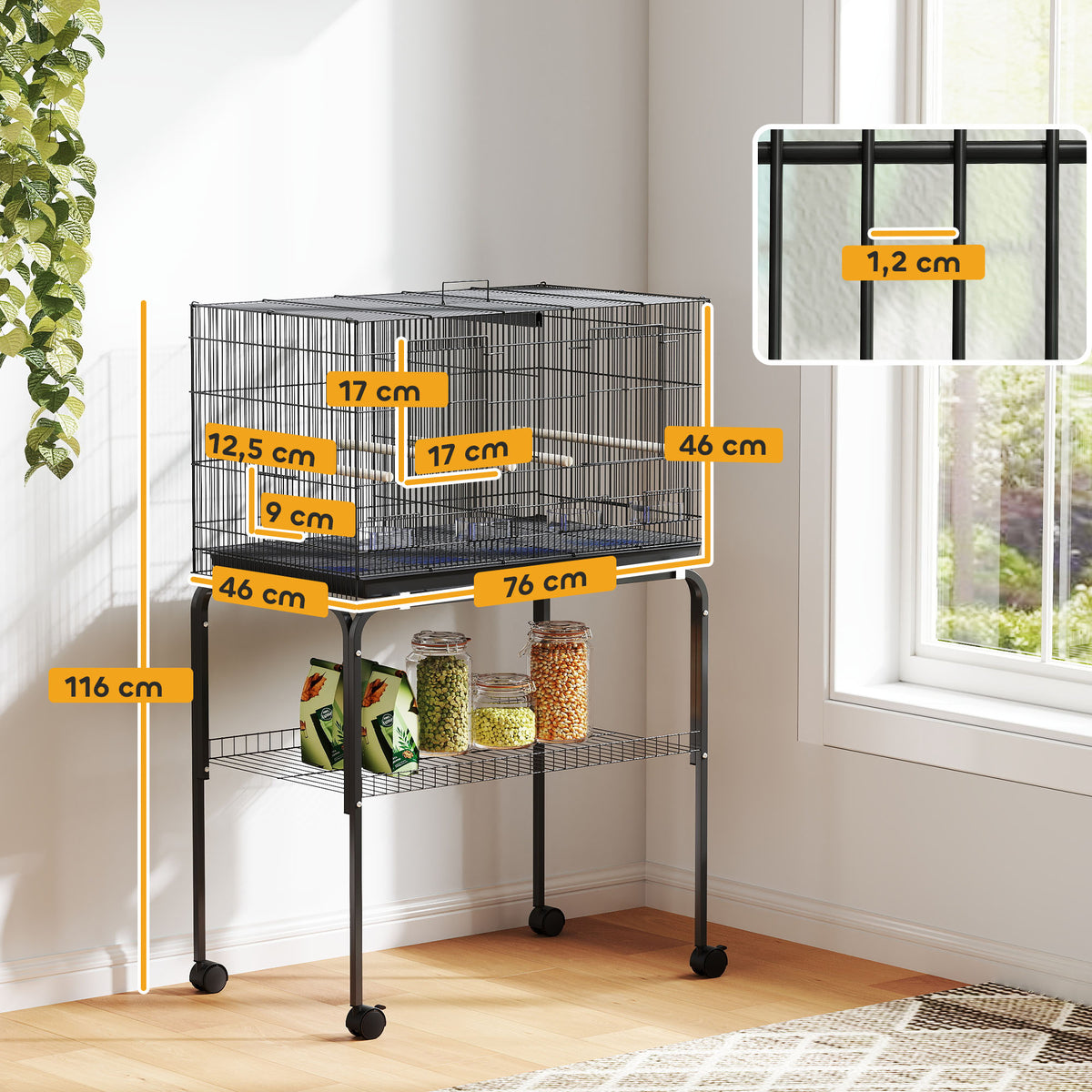 Cage à Oiseaux Volière Intérieur Acier avec Séparateur, 4 Perchoirs, Plateau Coulissant, 4 Mangeoires, 76x46x116cm, Noir