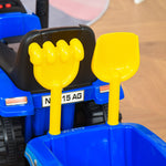 Porteur tracteur enfants avec coffre amovible, râteau et pelle, voiture enfants avec lumière LED et klaxon, bleu