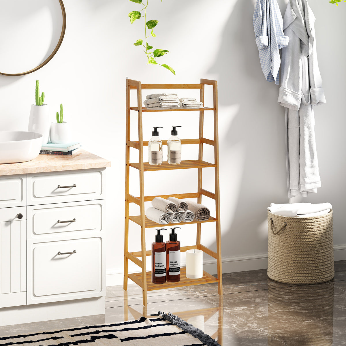Etagère échelle en bambou 4 niveaux bibliothèque style naturel 48L x 31,5l x 120H cm