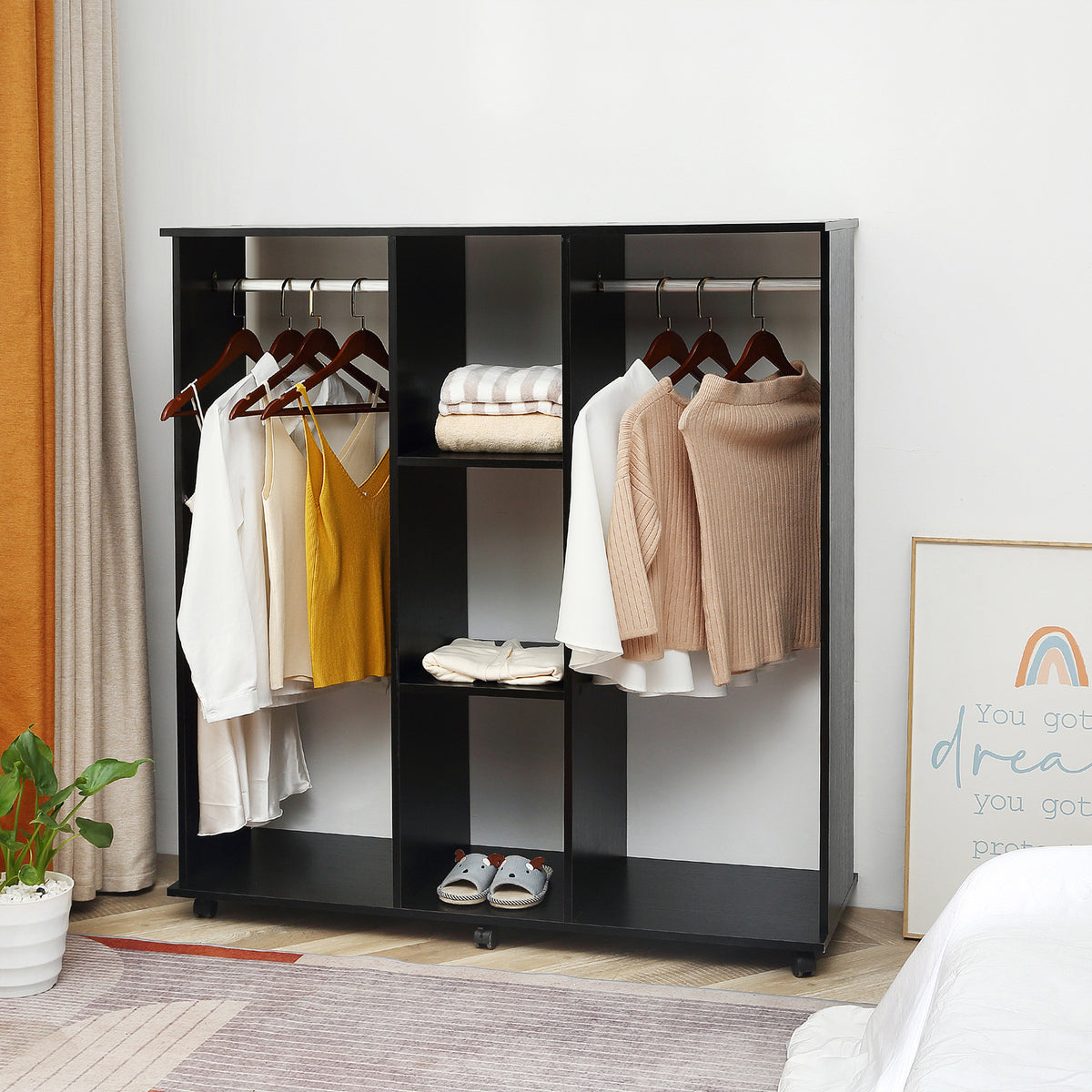 Armoire penderie Meuble de Rangement Mobile 6 roulettes 120L x 40l x 128H cm en bois Noir