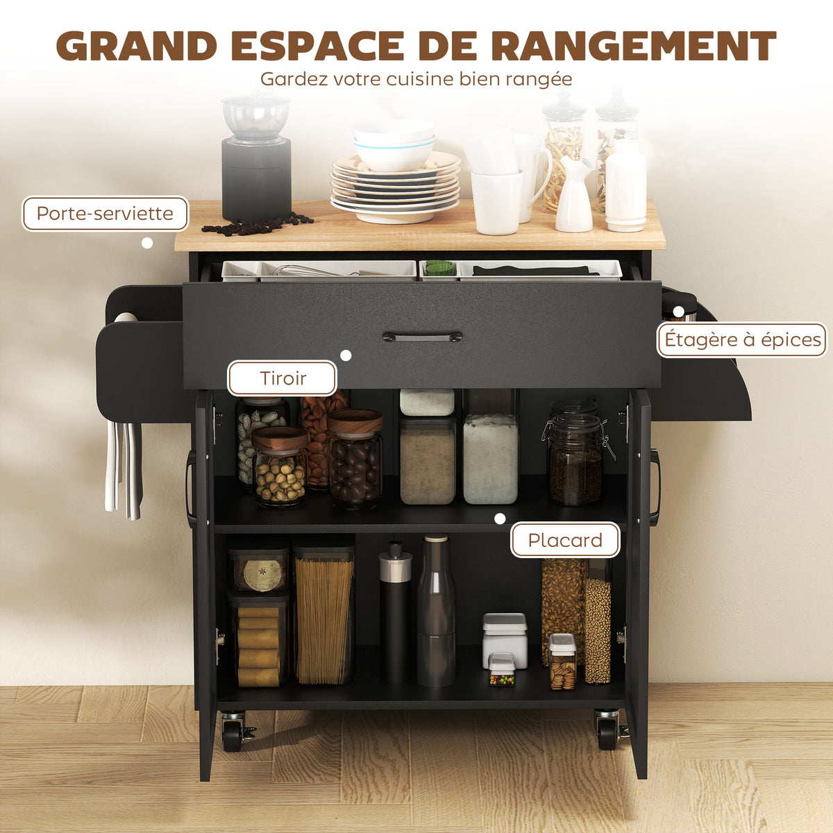 Dessert îlot de cuisine multi-rangements tiroirs placard 2 portes avec étagère réglable 105 x 36 x 85 cm noir