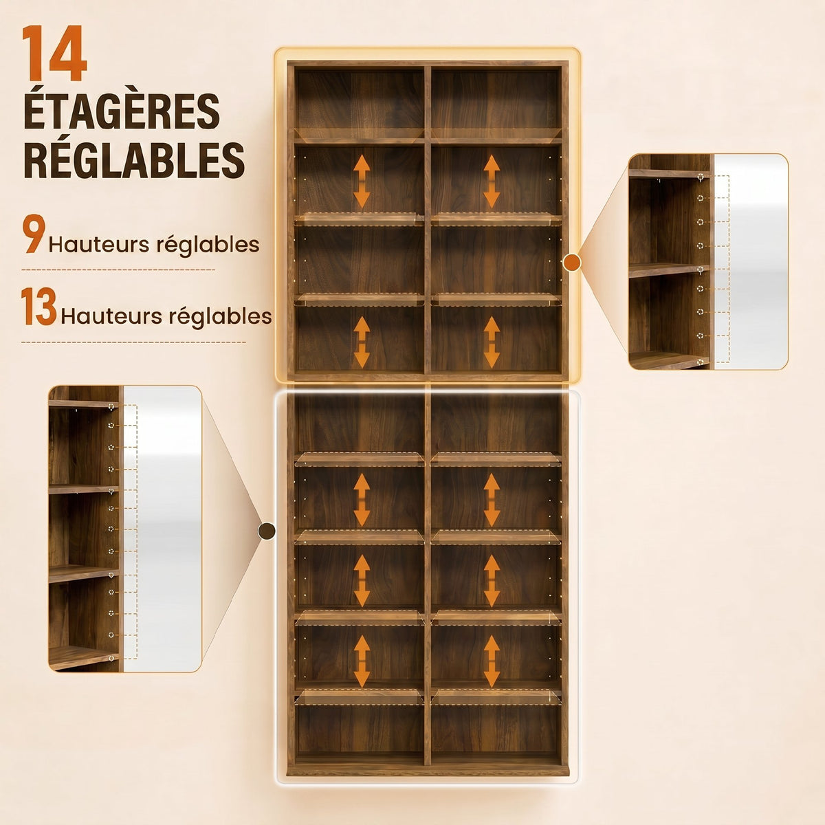 Rangements pour CD et DVD 18 compartiments capacité max. 640 CD/360 DVD 430 Blu-ray 78,5 x 24 x 175 cm noyer foncé