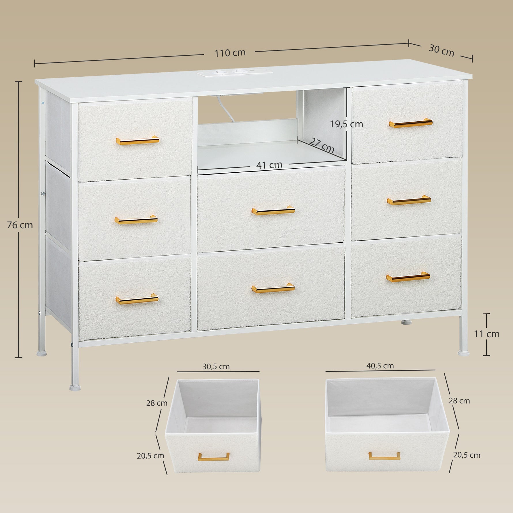 Commode 8 tiroirs en tissu bouclette, meuble de rangement avec 2 prises de courant, structure en acier 110x30x76cm crème