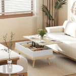 Table Basse Relevable avec 3 Compartiments Cachés, Table de Salon Moderne, Pieds en Bois, 100x79x54cm, Naturel Blanc