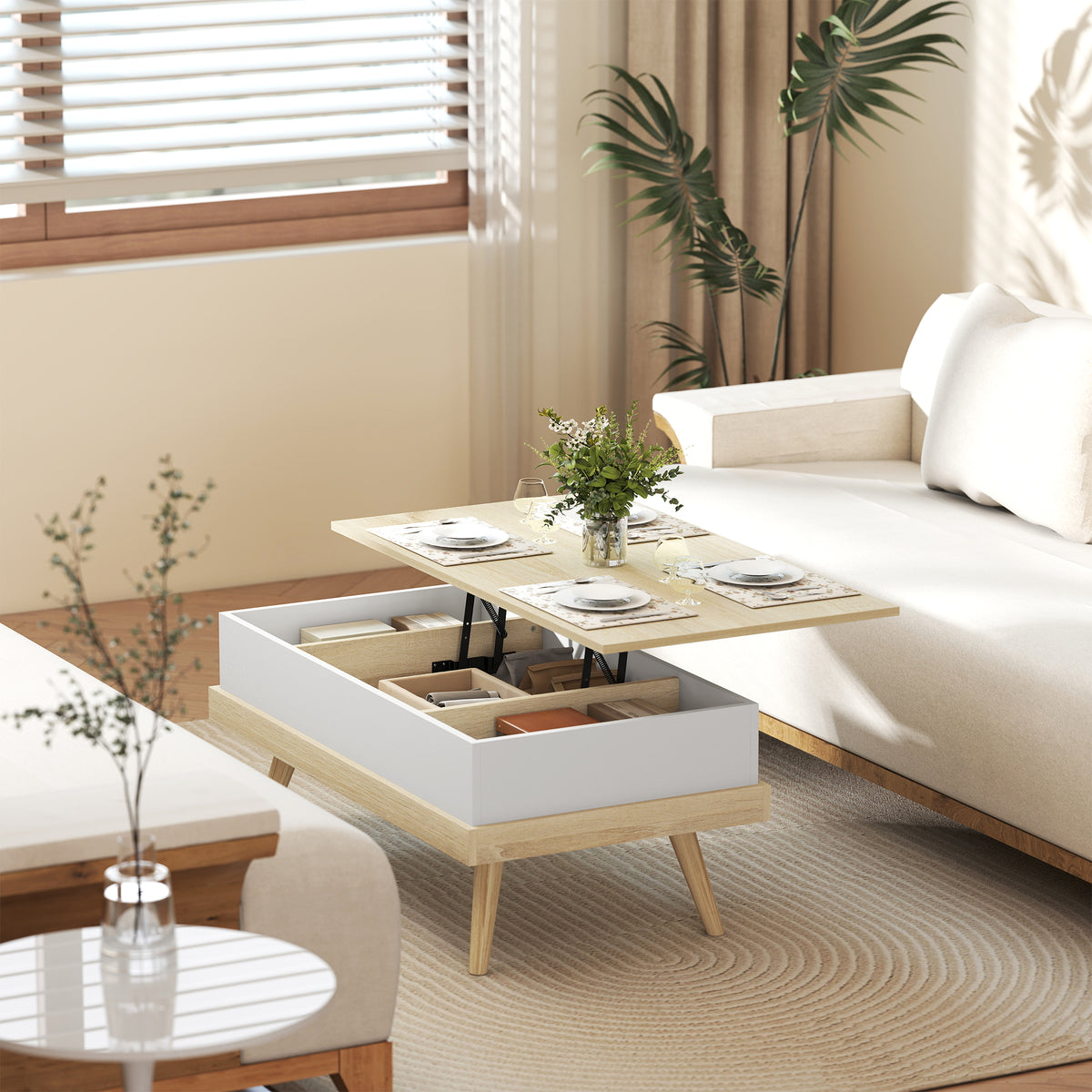 Table Basse Relevable avec 3 Compartiments Cachés, Table de Salon Moderne, Pieds en Bois, 100x79x54cm, Naturel Blanc