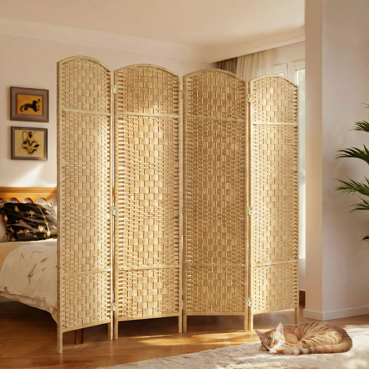 Paravent intérieur en bois 4 panneaux séparateur de pièce pliable pour salon chambre 180 x 180 cm bois naturel