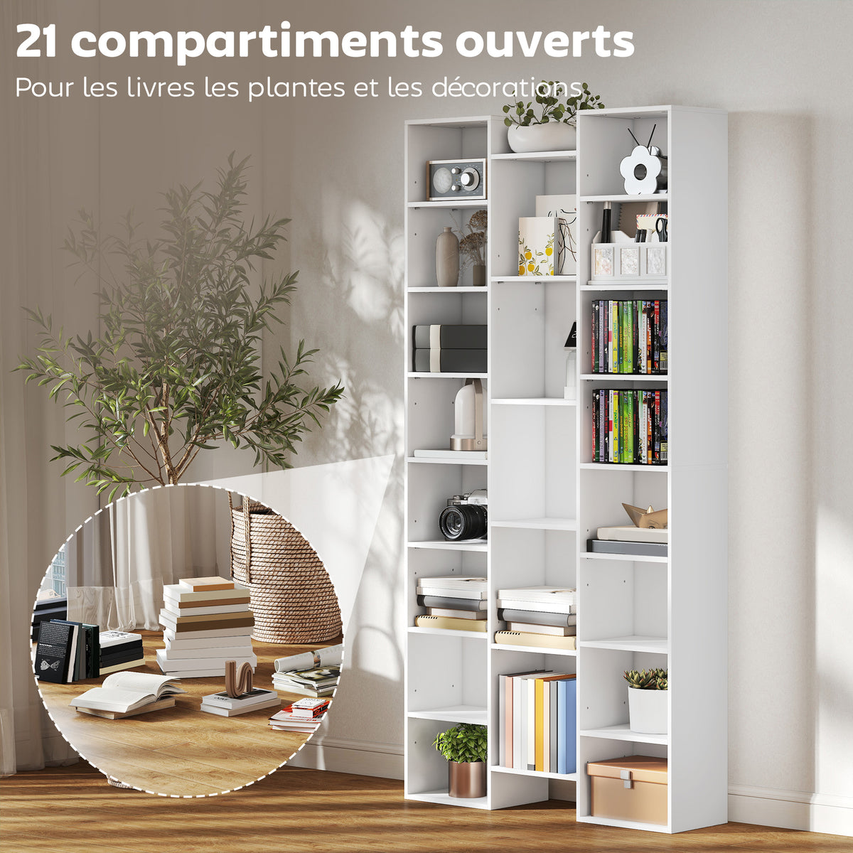 Bibliothèque, étagère à livres, étagère de rangement, 21 compartiments et 10 étagères réglables, 89,5x23,5x181cm, blanc