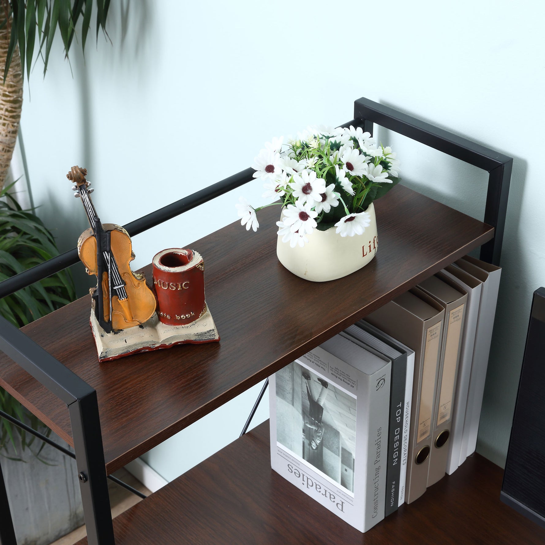 Bureau d'angle avec rangement design Industriel avec bibliothèque 3 étagères panneaux particules aspect noyer