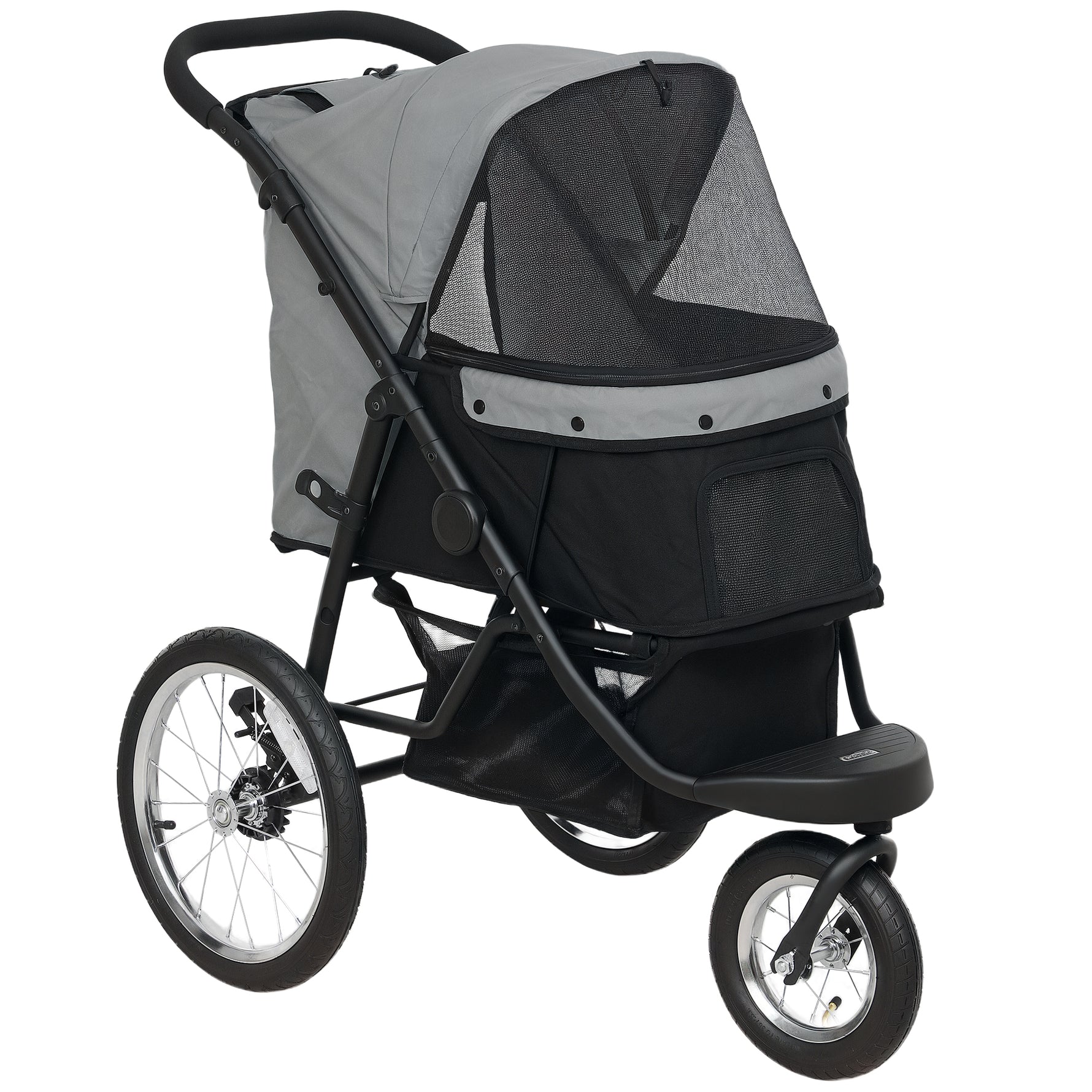 Poussette pour chien pliable avec panier de rangement, coussin lavable, roues en caoutchouc et auvent réglable, gris