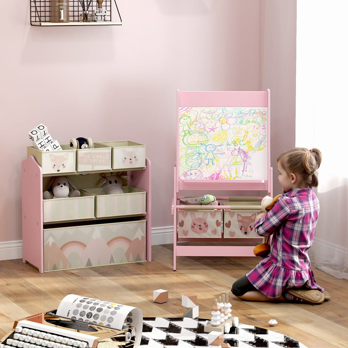 Doppelseitige Staffelei mit Papierrolle, 2 Körben + Spielzeugschrank mit 6 Aufbewahrungsboxen, 63 x 30 x 66 cm, rosa
