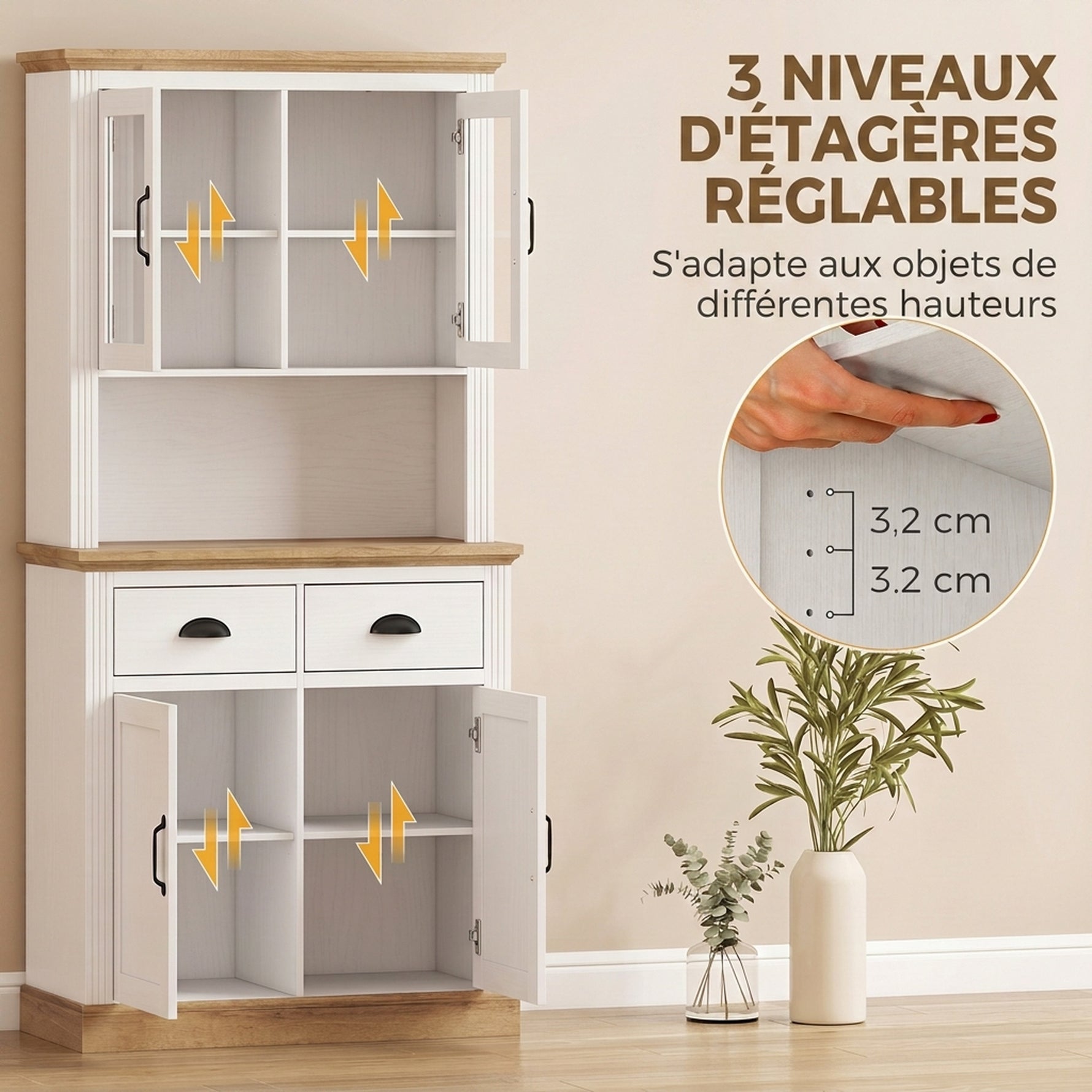 Buffet Haut Cuisine, Armoire Cuisine, 4 Portes dont 2 en Verre, 2 Tiroirs, Plan de Travail, Étagères Réglables, Blanc