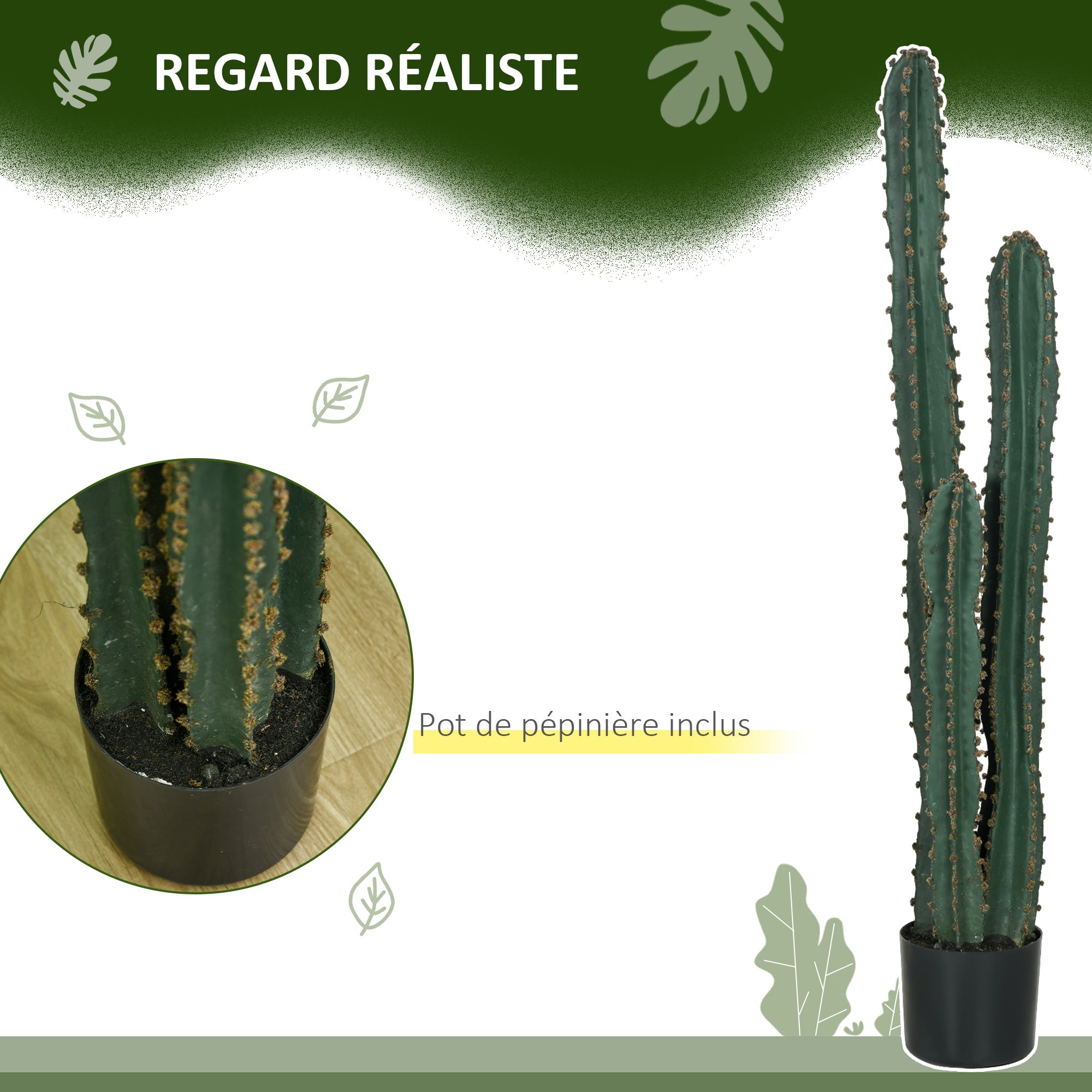 Cactus artificiel grand réalisme plante artificielle grande taille dim. Ø 18 x 120H cm vert