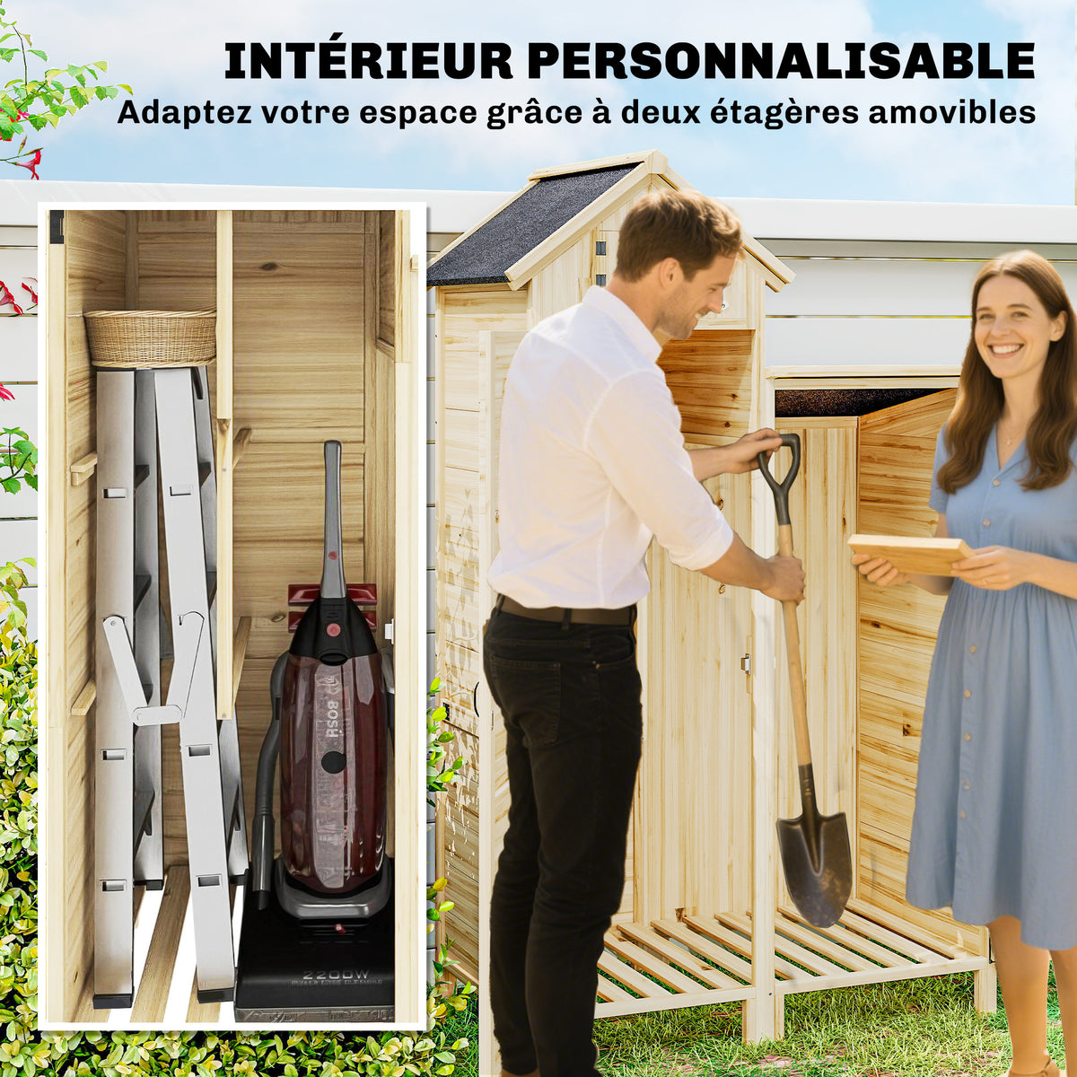 Armoire de Jardin en Bois Abri de Jardin Toit en Asphalte Double Zone et Étagères Amovibles 106x57x167cm Naturel