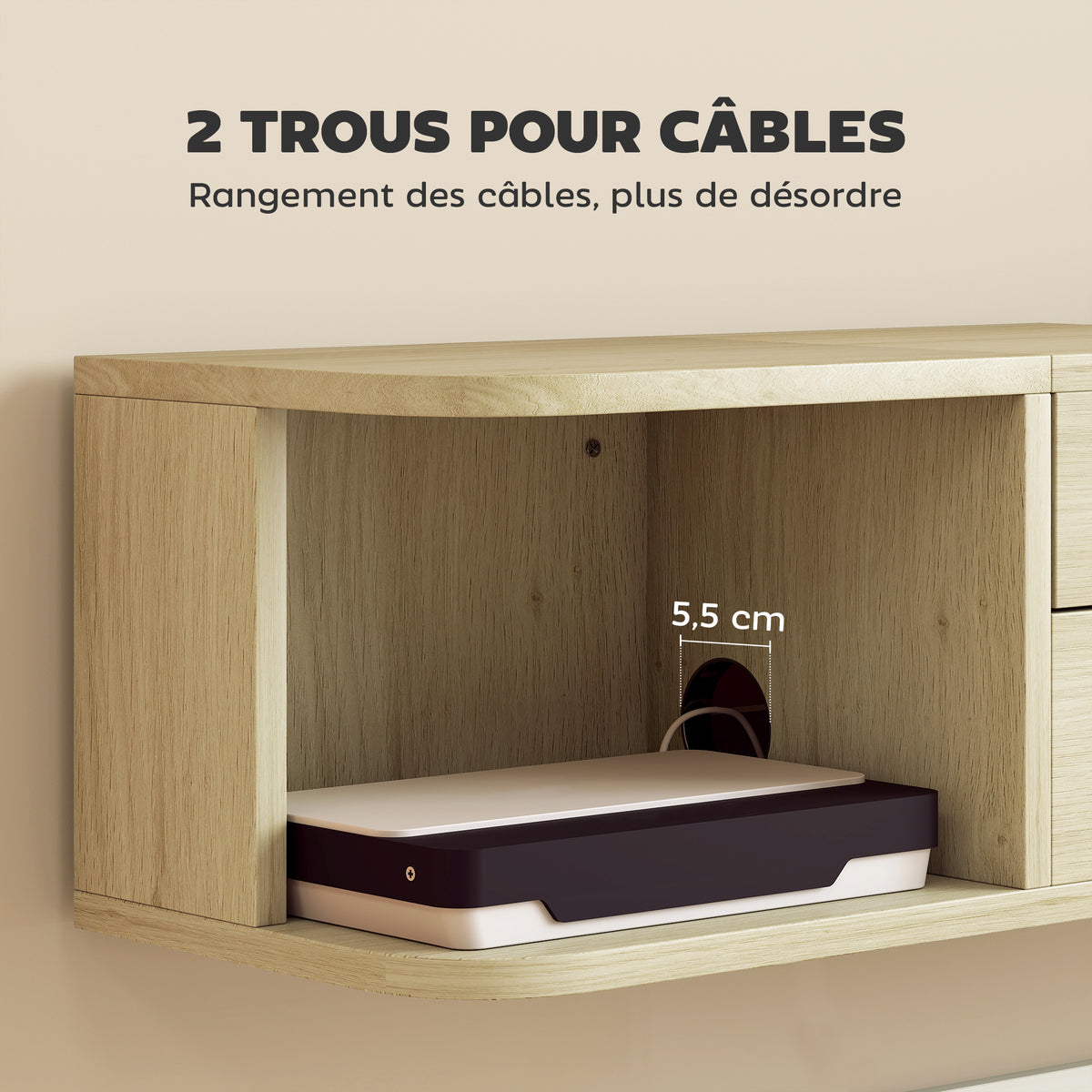 Meuble TV suspendu meuble télé pour téléviseur 50 pouces tiroir étagères passe-câbles 120x24x22,4cm effet bois naturel