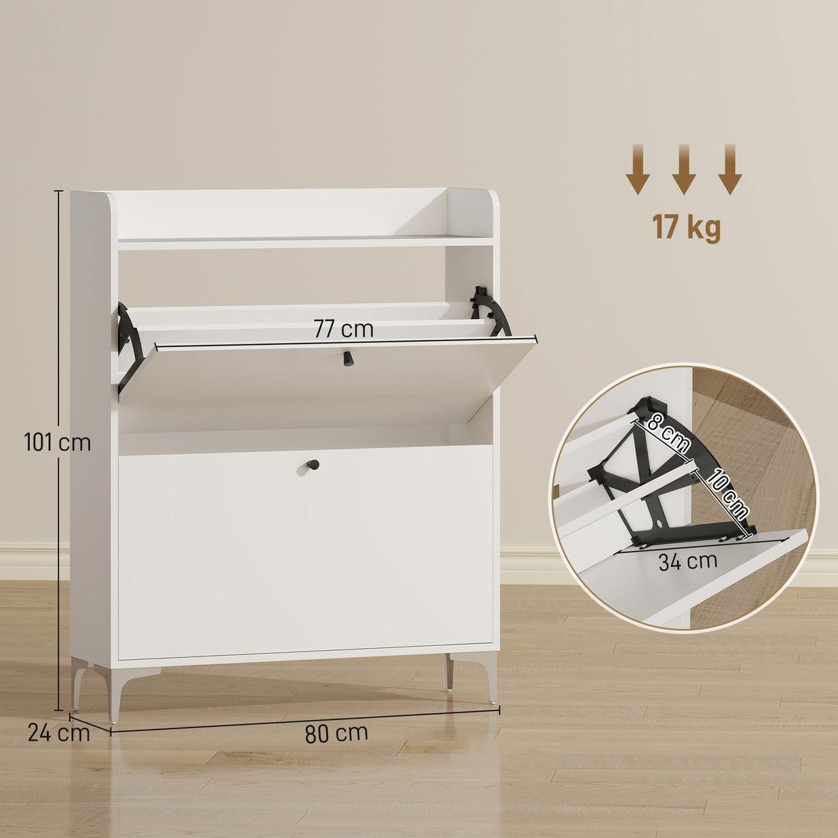 Meuble à chaussures 16 paires, armoire à chaussures avec 2 tiroirs rabattables, étagères réglables, 80x24x101cm, blanc