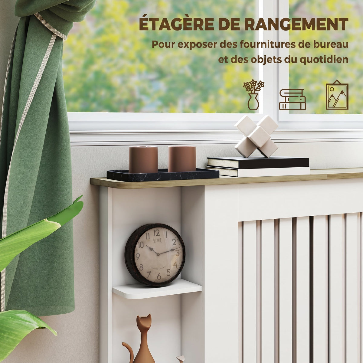 Cache-radiateur avec étagères de rangement ouvertes, couvercle de radiateur en bois à lattes, 152x19x83cm, blanc