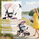 Tricycle bébé évolutif 6 en 1, tricycle enfant pliable avec poignée parentale réglable, siège pivotant 360°, rose
